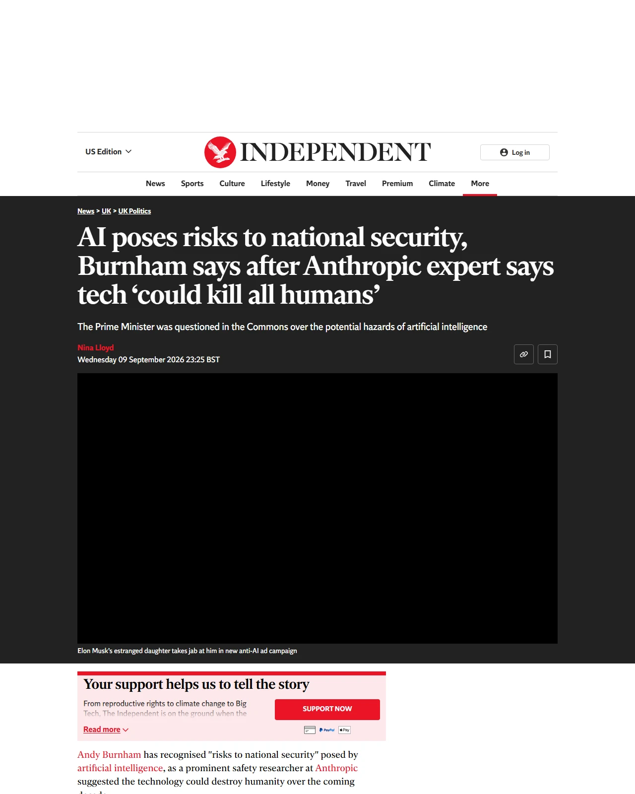 independent.co.uk as published: AI poses risks to national security, Burnham says after Anthropic expert says tech ‘could kill all humans’