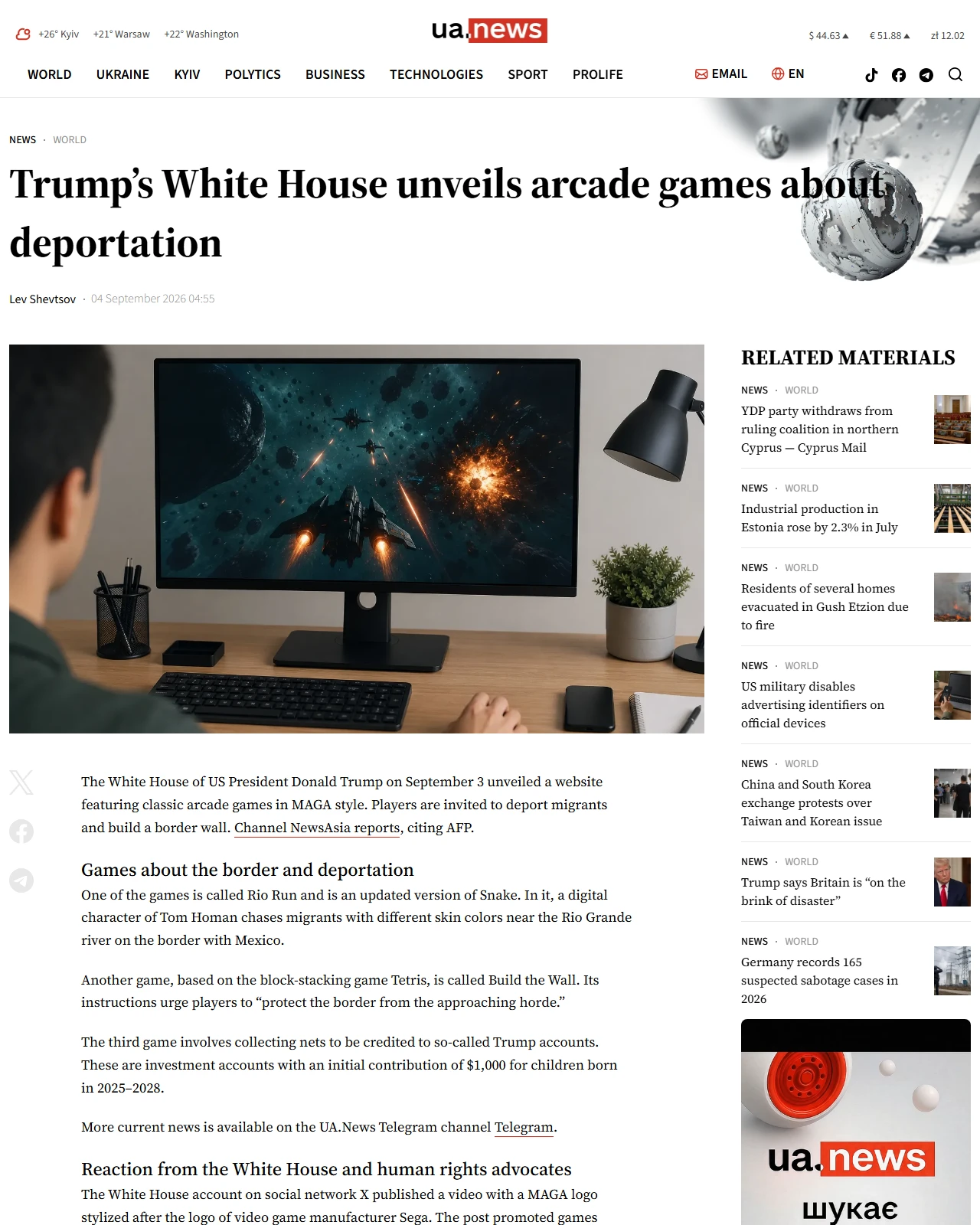 ua.news as published: Trump’s White House unveils arcade games about deportation