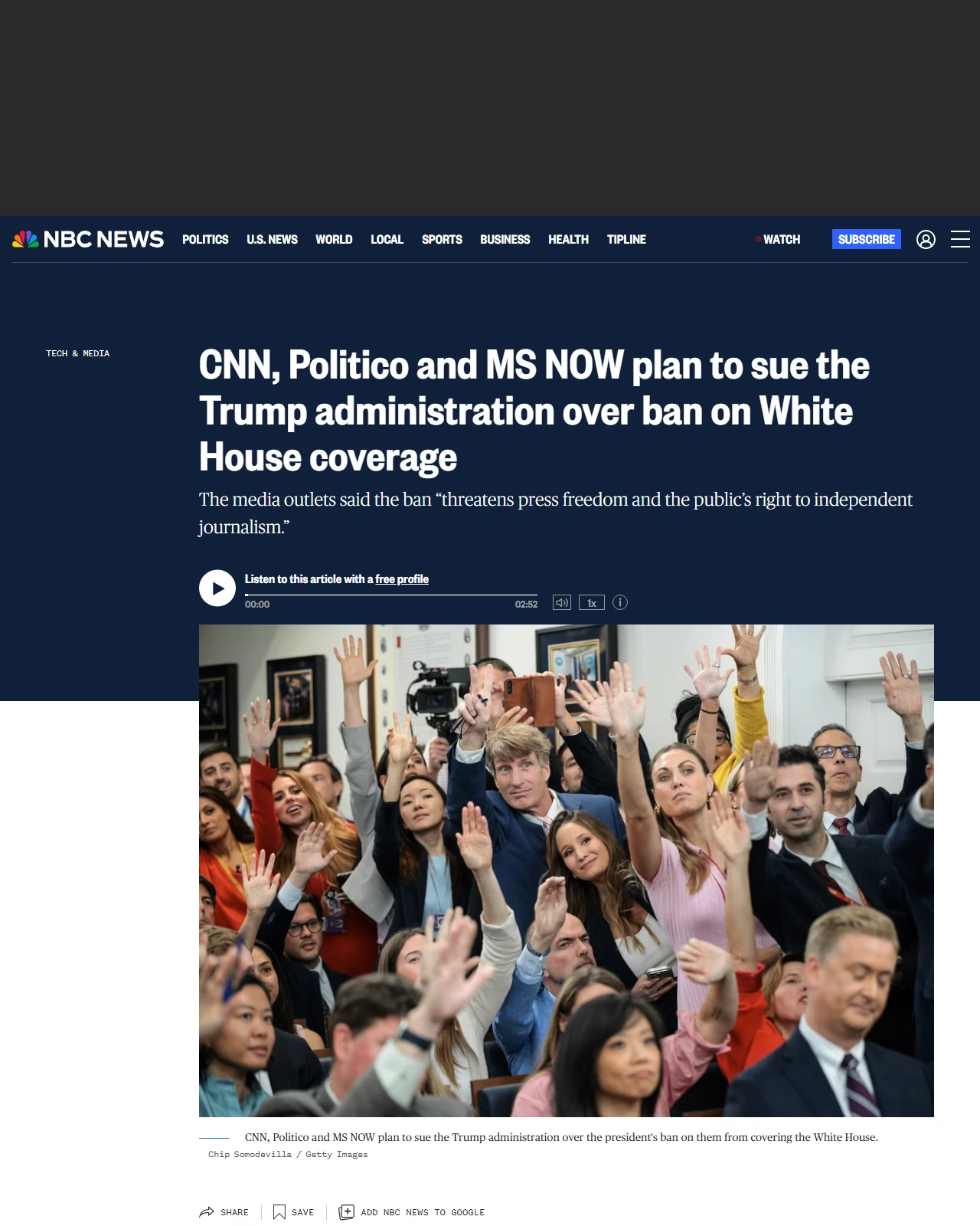 nbcnews.com as published: CNN, Politico and MS NOW plan to sue Trump admin over ban on White House coverage