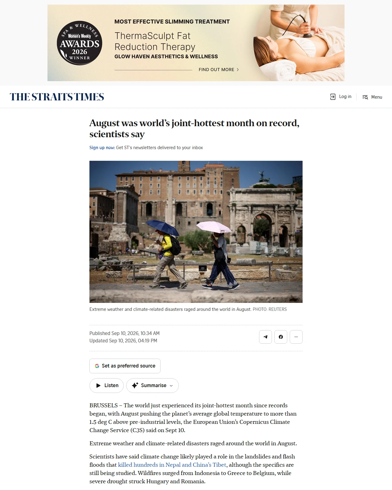 straitstimes.com as published: August was world’s joint-hottest month on record, scientists say