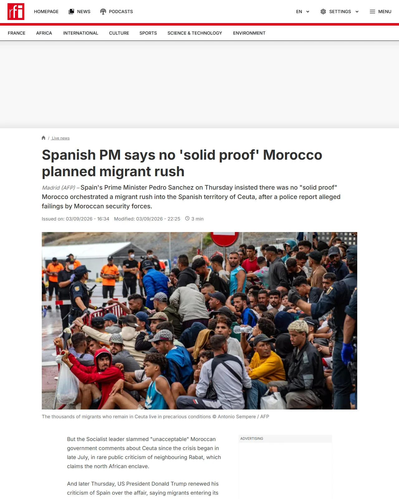 rfi.fr as published: Spanish PM says no 'solid proof' Morocco planned migrant rush