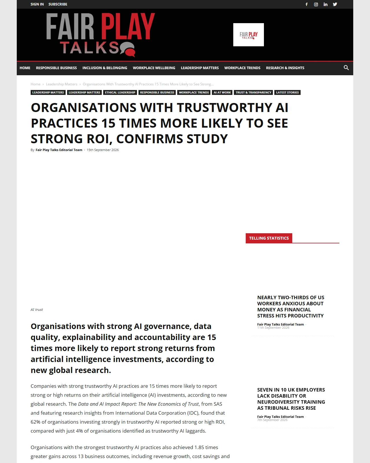 fairplaytalks.com as published: Organisations With Trustworthy AI Practices 15 Times More Likely to See Strong ROI, Confirms Study