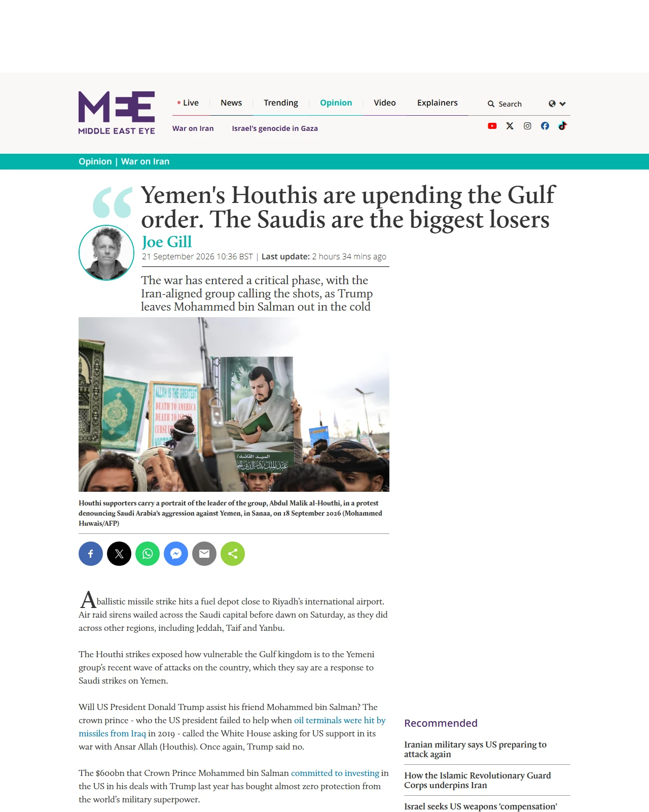 middleeasteye.net as published: Yemen's Houthis are upending the Gulf order. The Saudis are the biggest losers