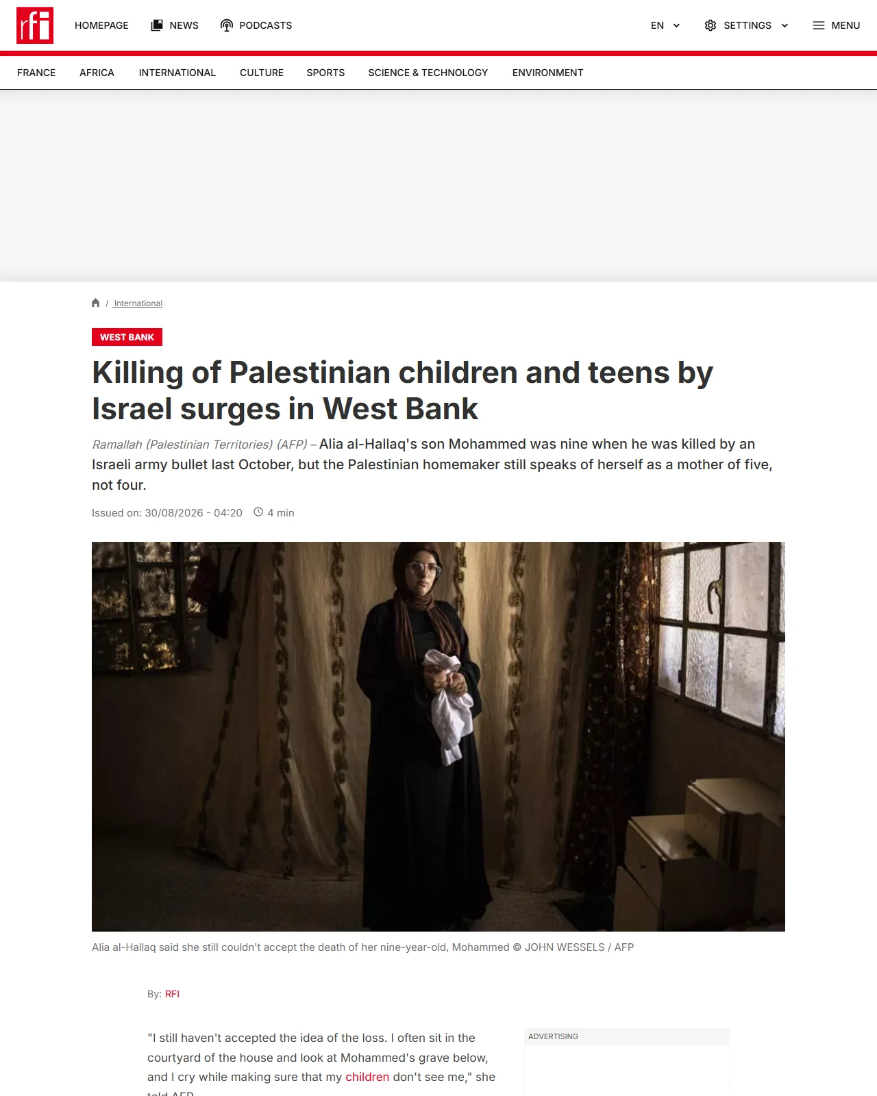 rfi.fr as published: Killing of Palestinian children and teens by Israel surges in West Bank