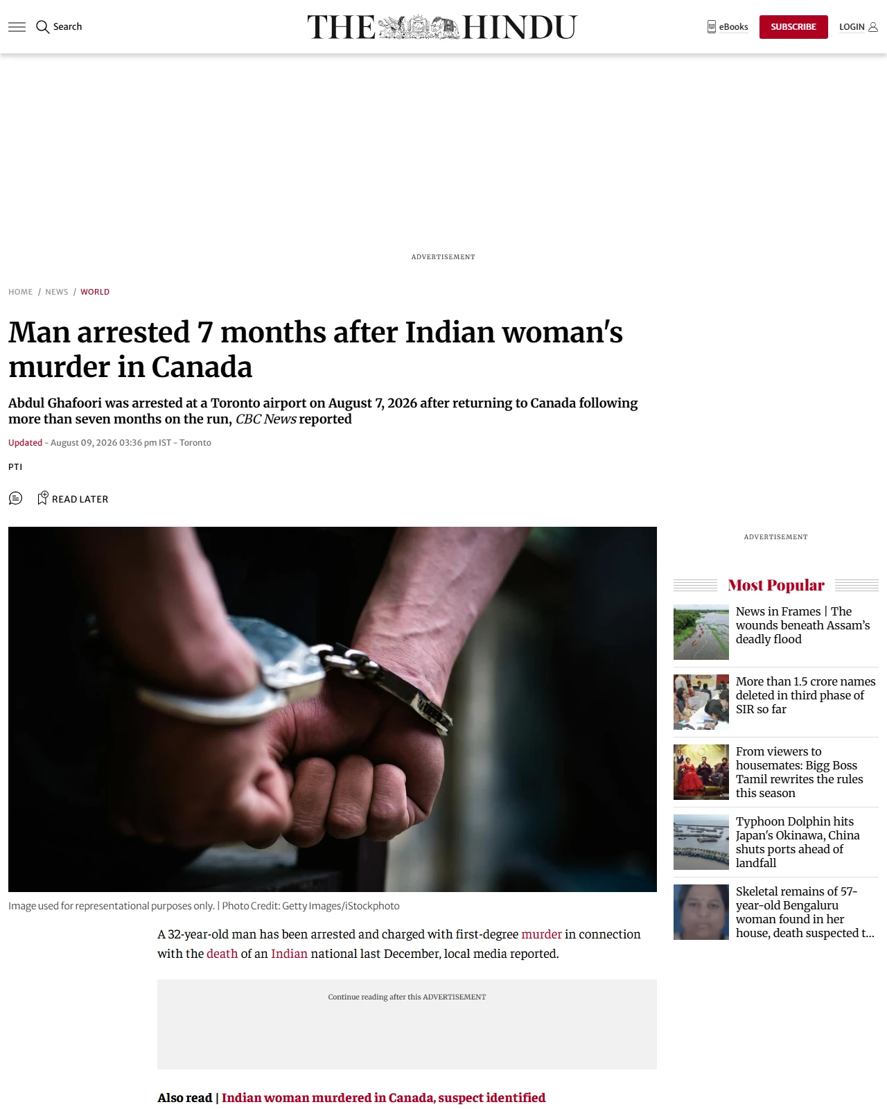 thehindu.com as published: Man arrested 7 months after Indian woman's murder in Canada