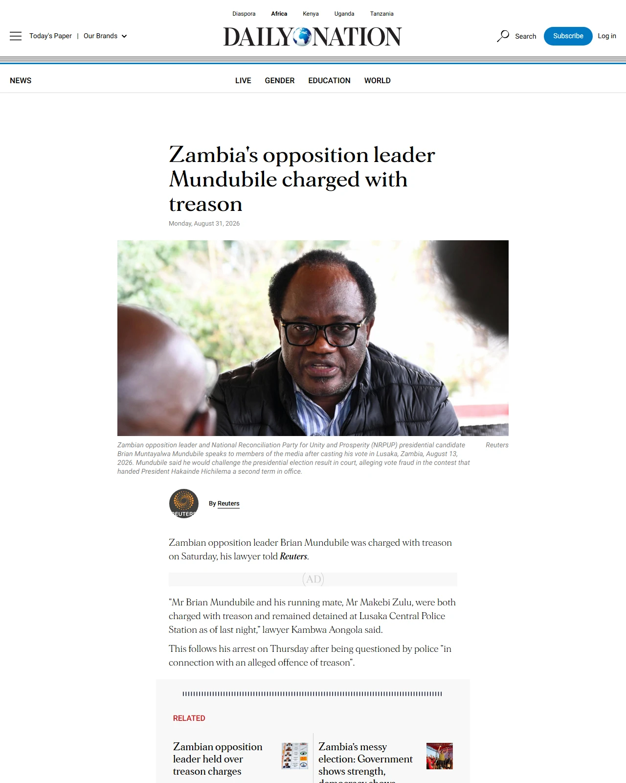 nation.africa as published: Zambia's opposition leader Mundubile charged with treason