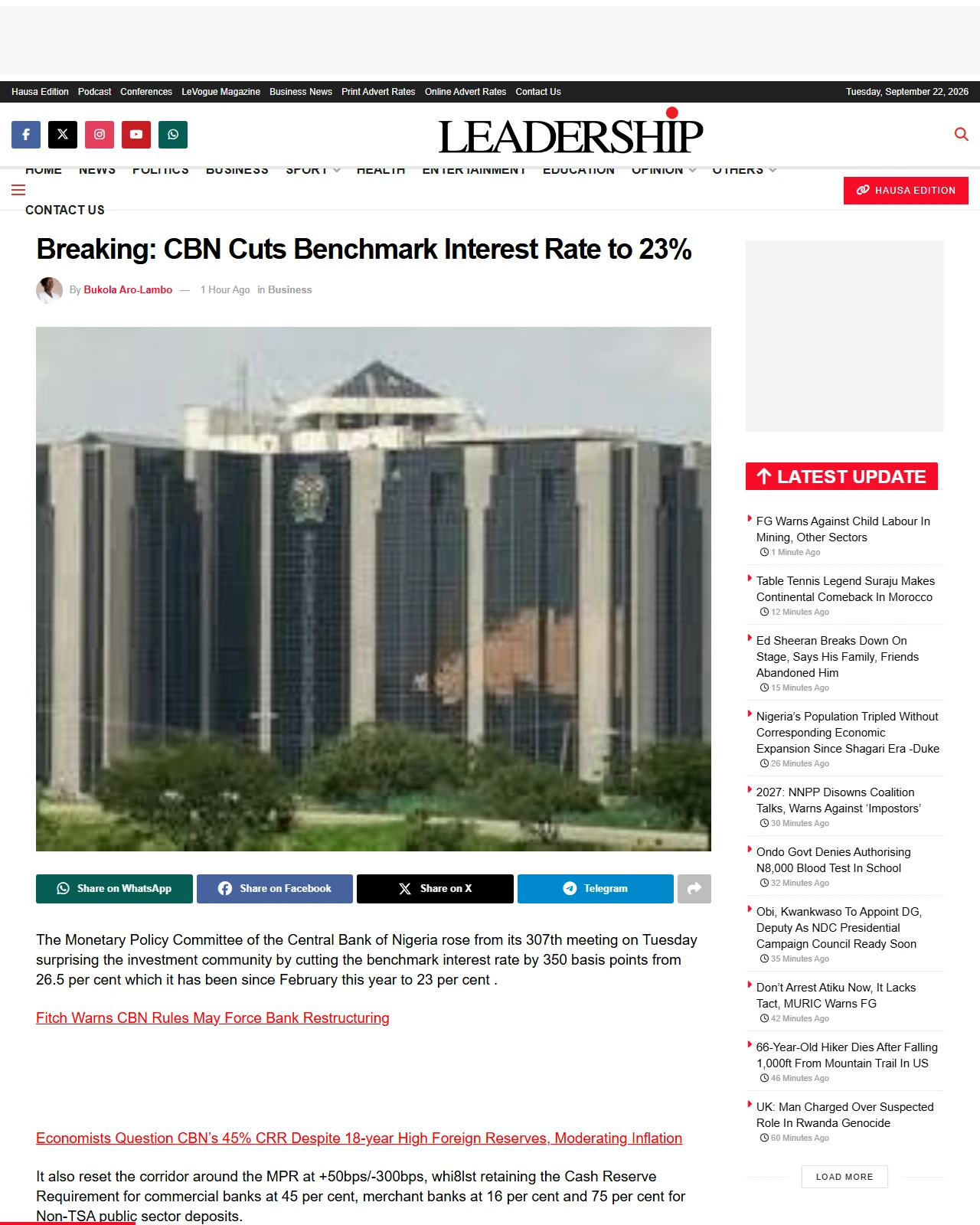 leadership.ng as published: Breaking: CBN Cuts Benchmark Interest Rate To 23%