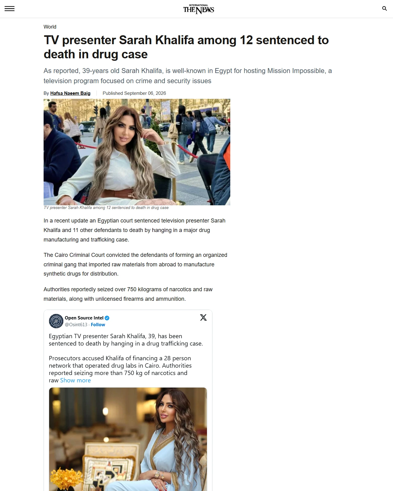 thenews.com.pk as published: TV presenter Sarah Khalifa among 12 sentenced to death in drug case