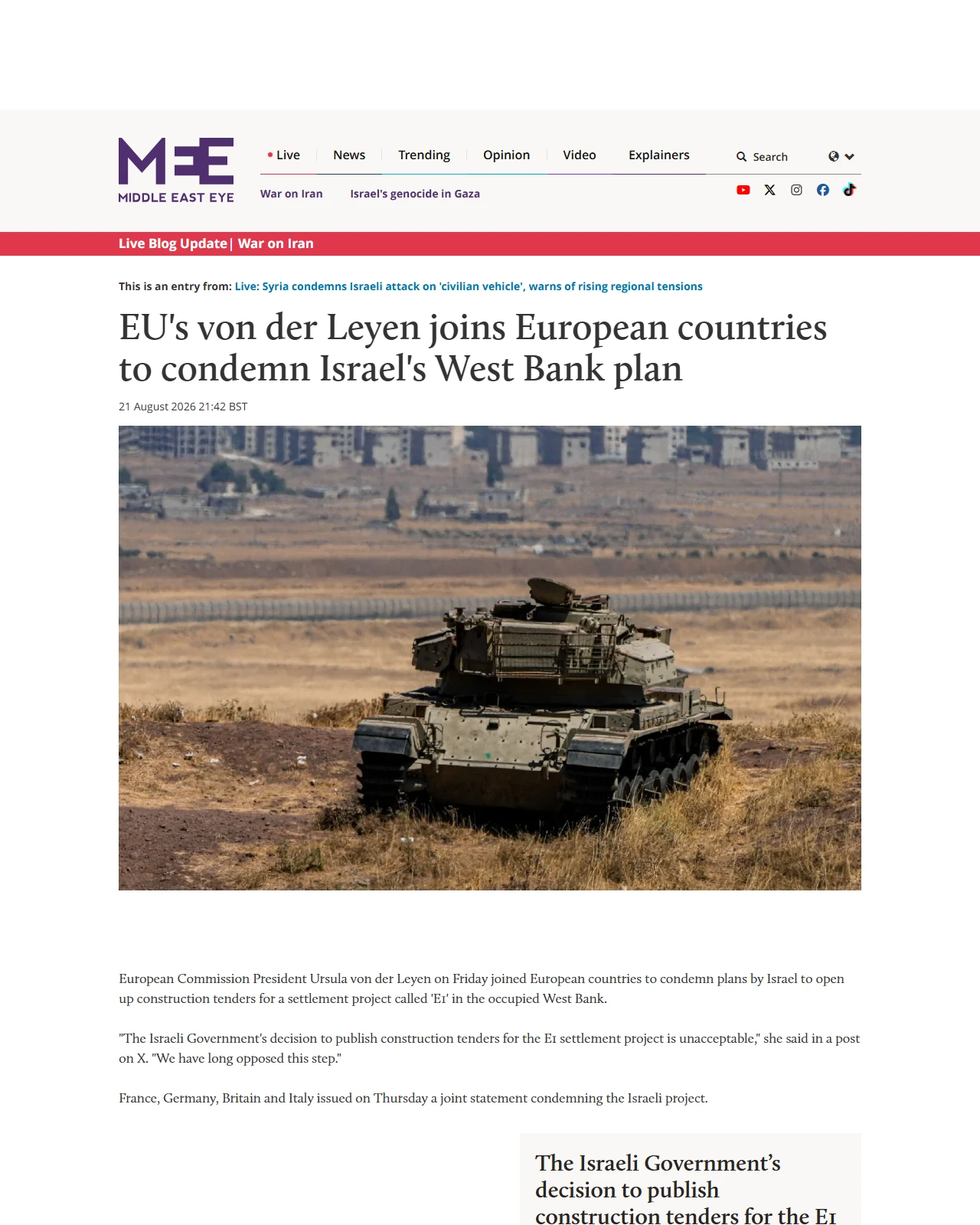 middleeasteye.net as published: EU's von der Leyen joins European countries to condemn Israel's West Bank plan