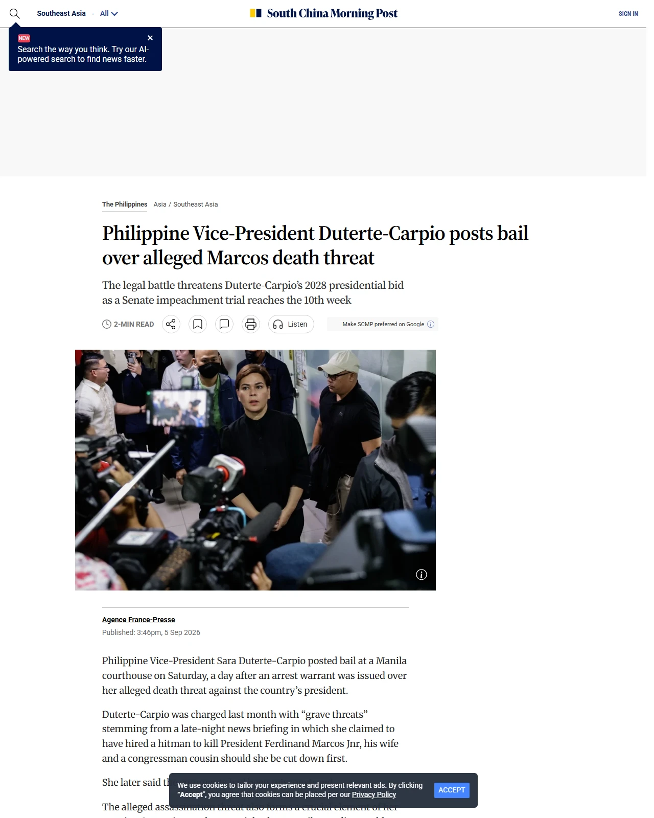 scmp.com as published: Philippine Vice-President Duterte-Carpio posts bail over alleged Marcos death threat