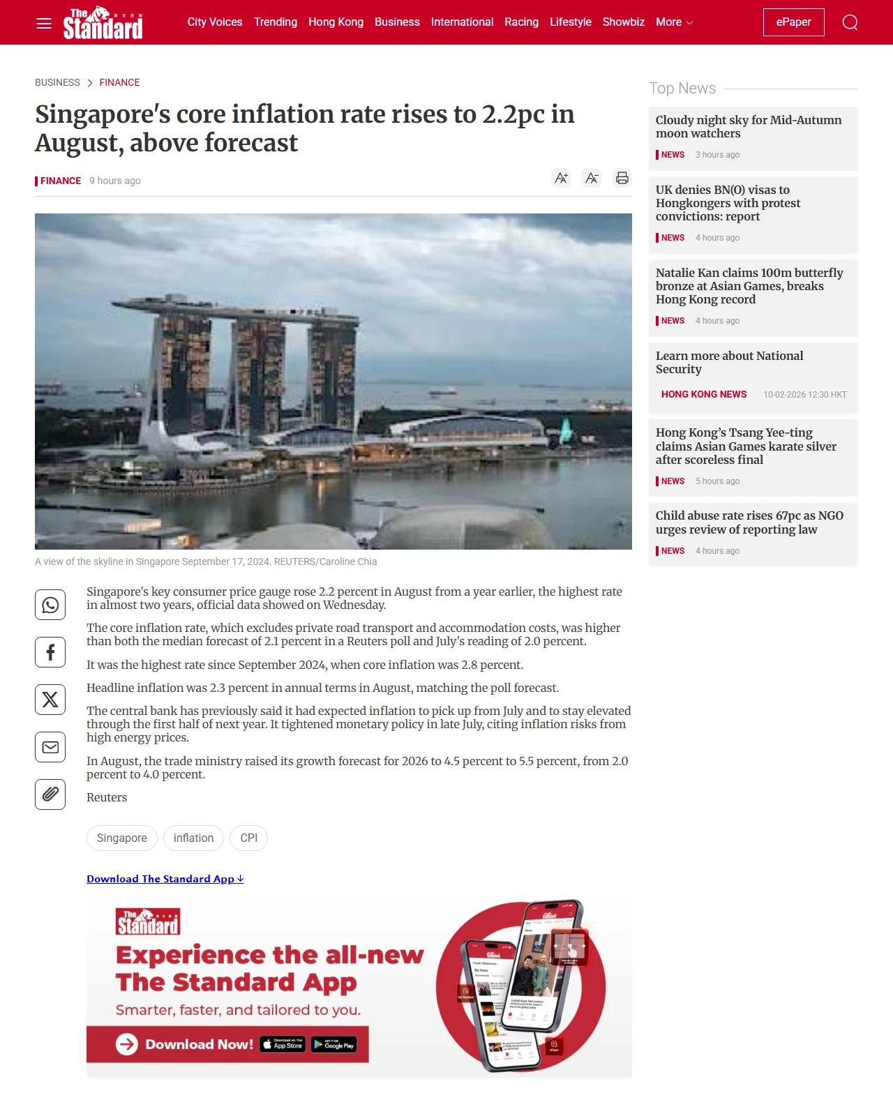thestandard.com.hk as published: Singapore's core inflation rate rises to 2.2pc in August, above forecast