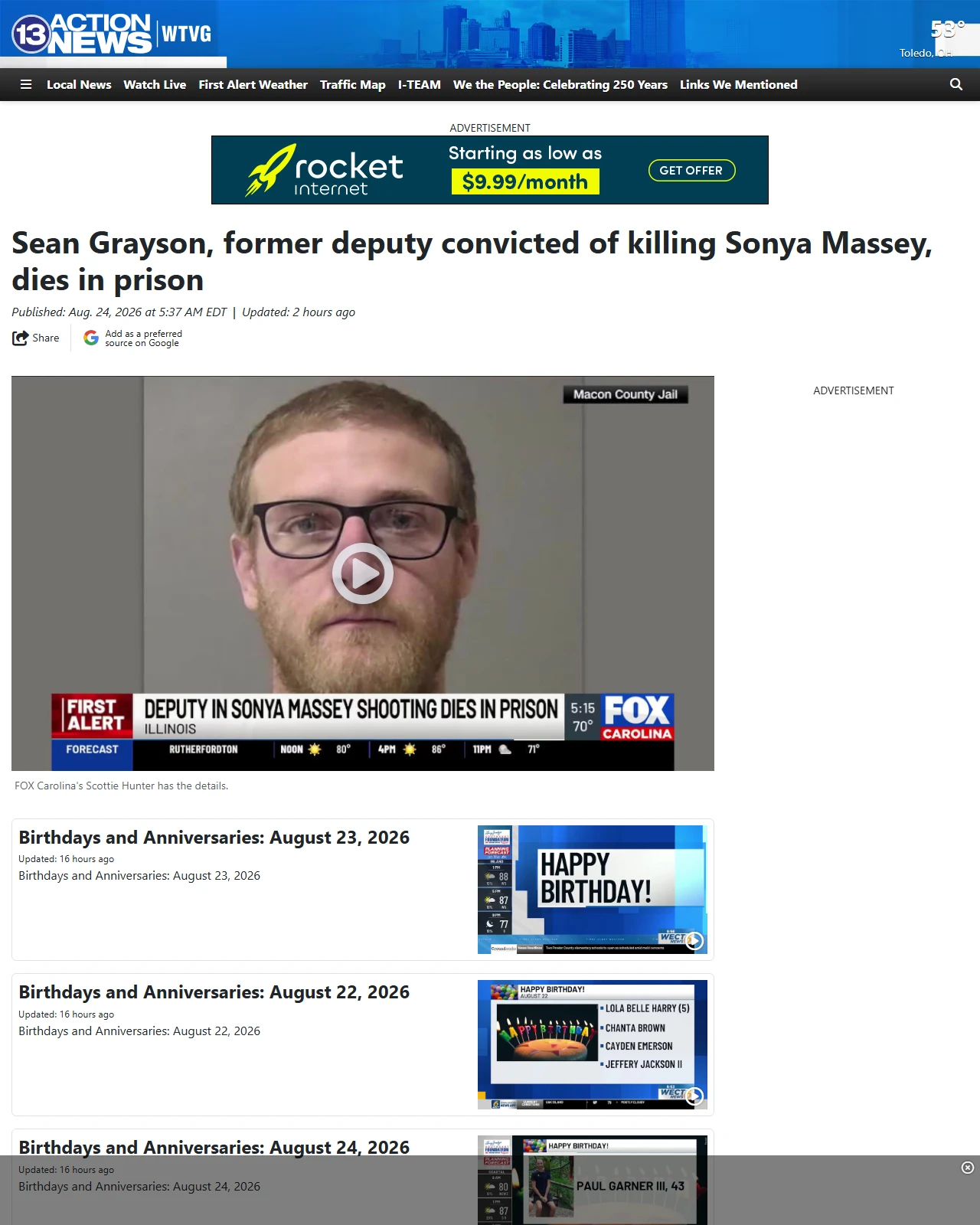 13abc.com as published: Sean Grayson, former deputy convicted of killing Sonya Massey, dies in prison