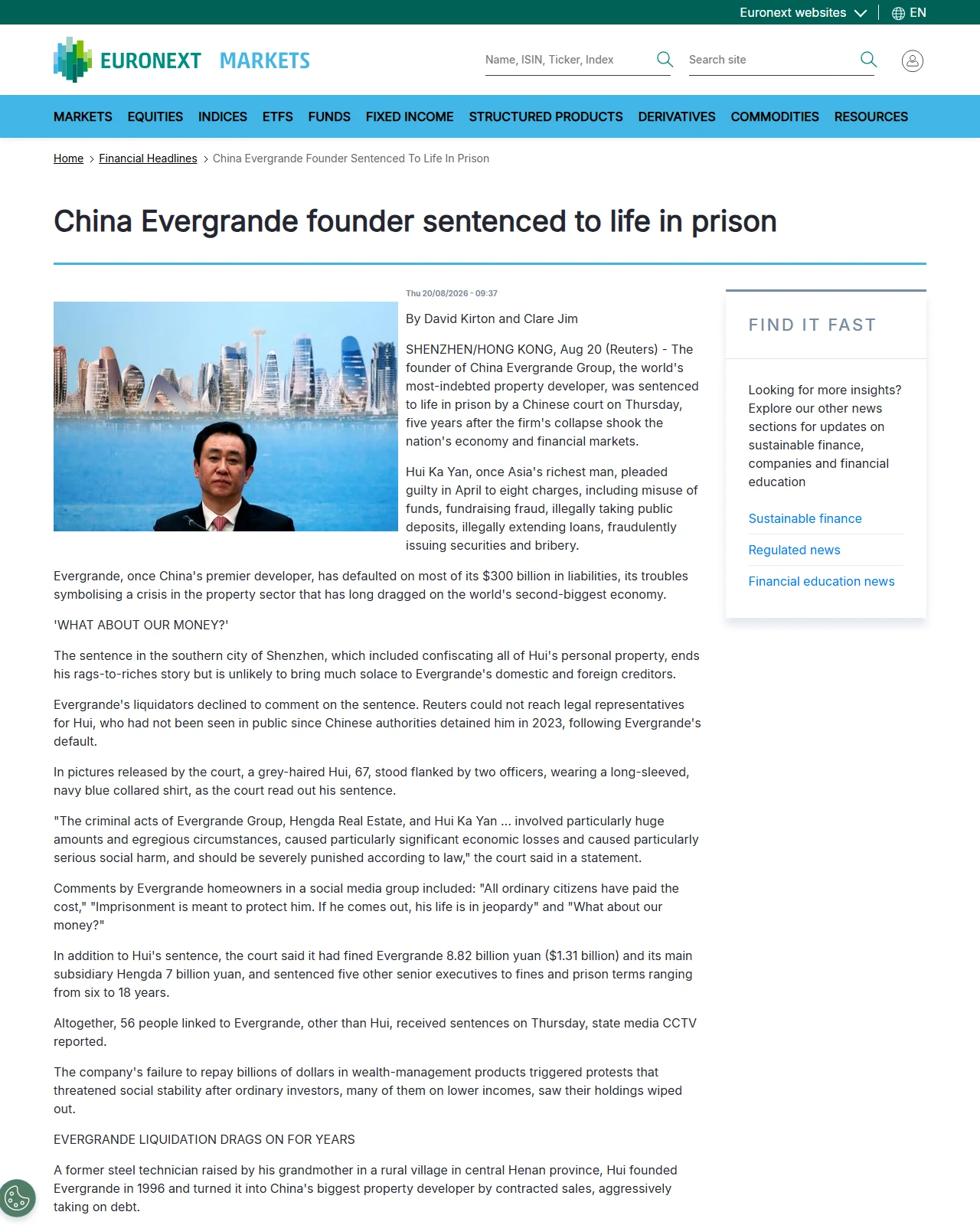 live.euronext.com as published: China Evergrande founder sentenced to life in prison