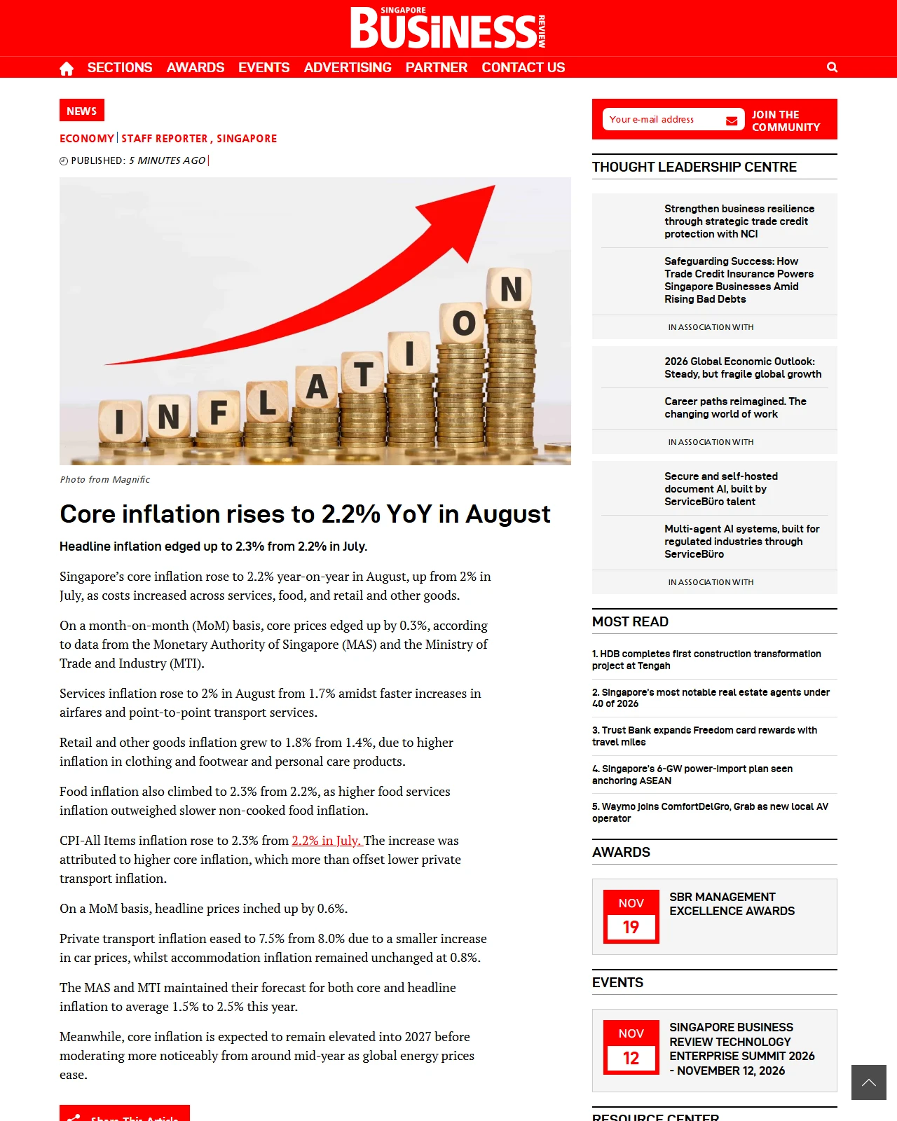sbr.com.sg as published: Core inflation rises to 2.2% YoY in August
