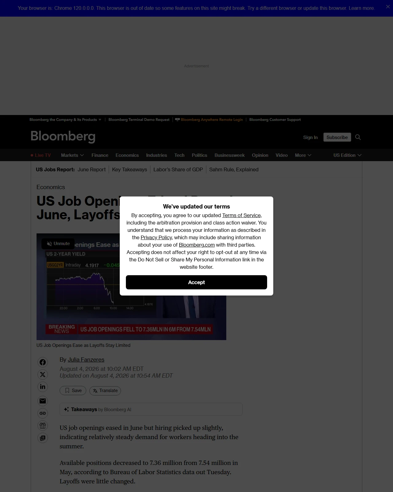 bloomberg.com as published: US Job Openings Edged Down in June, Layoffs Remained Limited