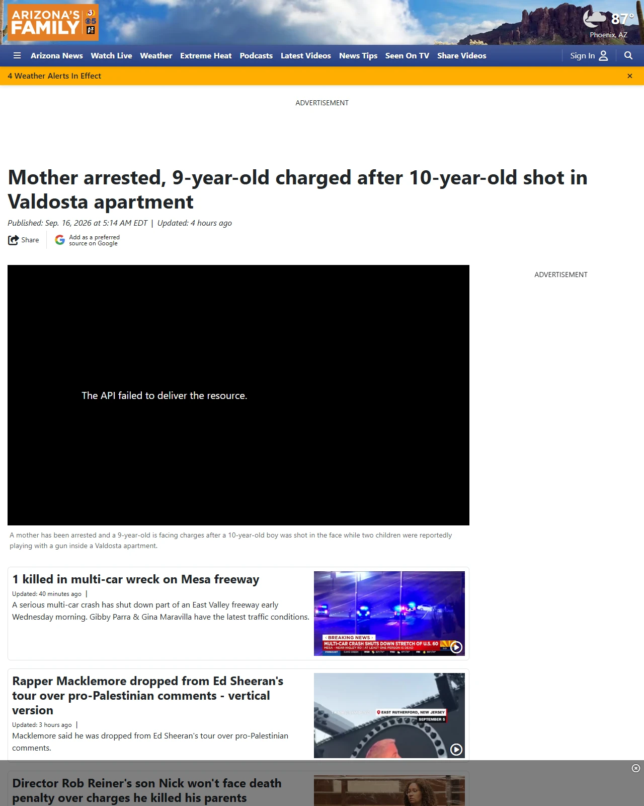 azfamily.com as published: Mother arrested, 9-year-old charged after 10-year-old shot in Valdosta apartment