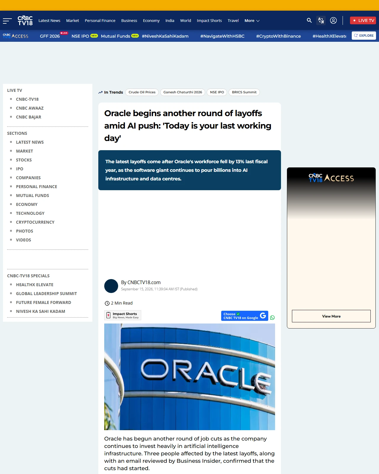 cnbctv18.com as published: Oracle begins another round of layoffs amid AI push: 'Today is your last working day'