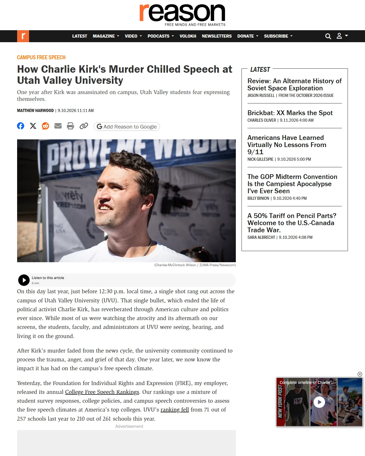 reason.com as published: How Charlie Kirk's Murder Chilled Speech at Utah Valley University