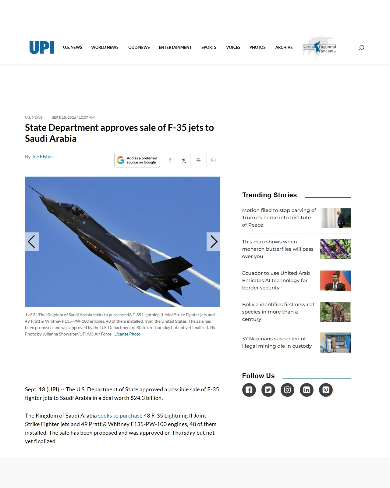 upi.com as published: State Department approves sale of F-35 jets to Saudi Arabia