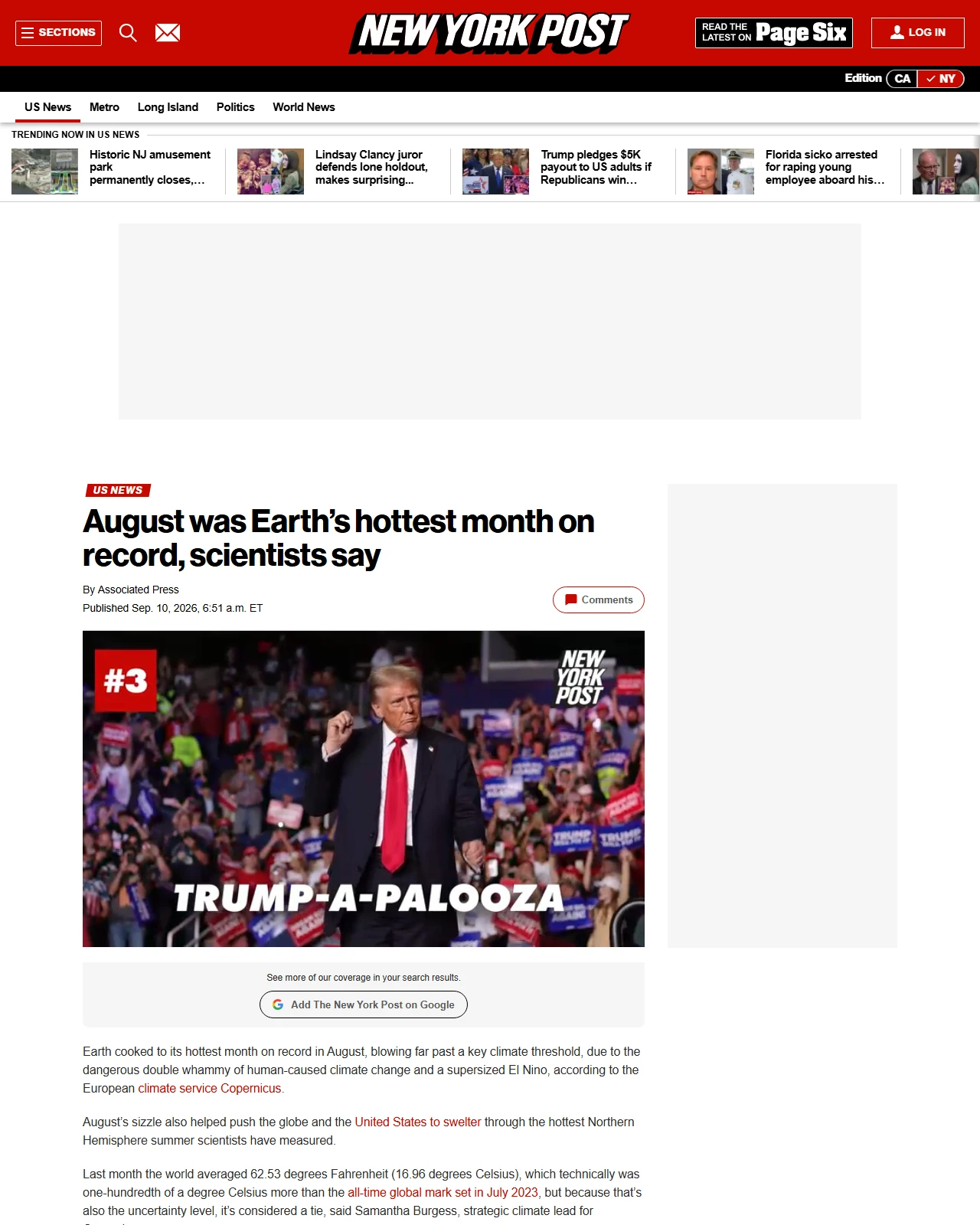 nypost.com as published: August was Earth’s hottest month on record, scientists say
