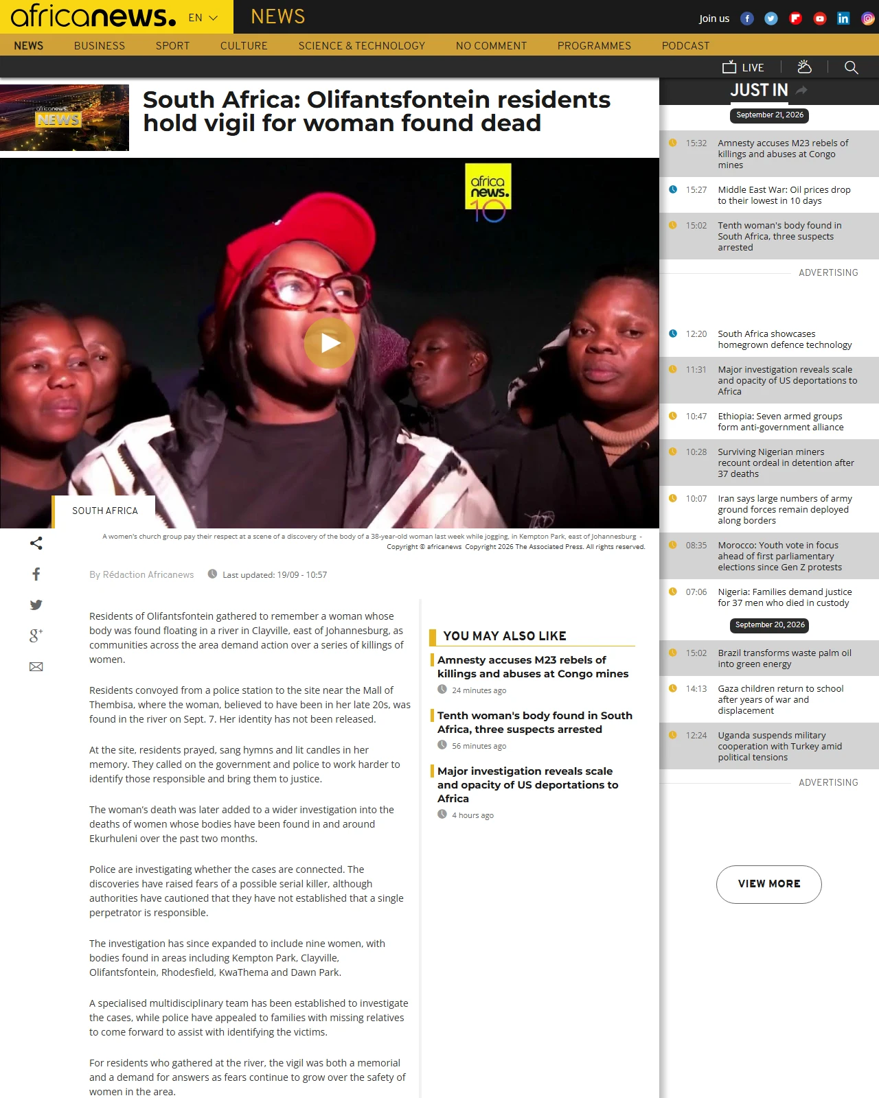 africanews.com as published: South Africa: Olifantsfontein residents hold vigil for woman found dead