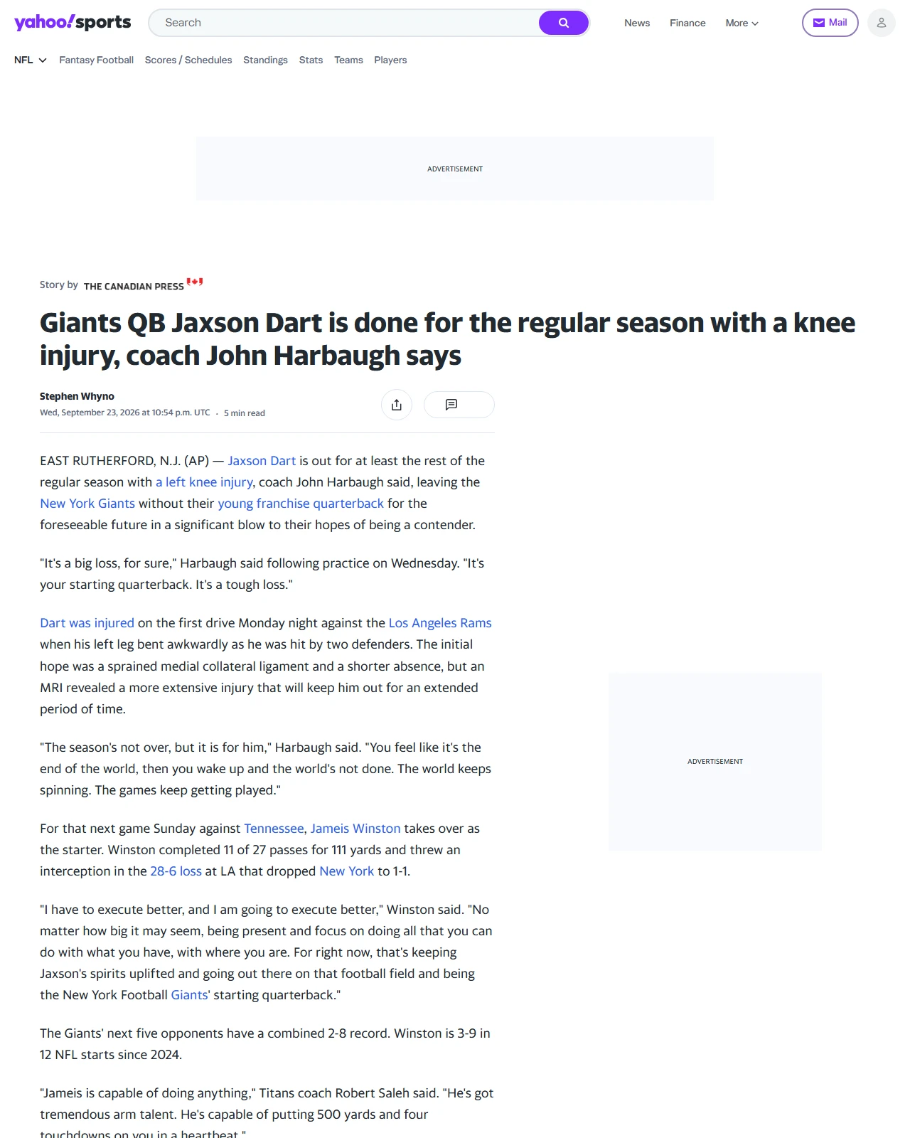 ca.sports.yahoo.com as published: Giants QB Jaxson Dart is expected to have season-ending knee surgery, report says