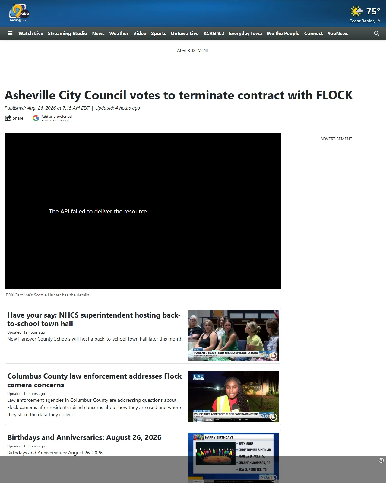 kcrg.com as published: Asheville City Council votes to terminate contract with FLOCK
