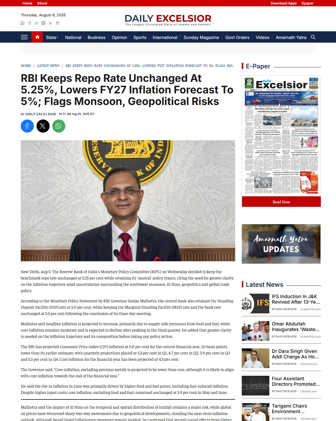 dailyexcelsior.com as published: RBI Keeps Repo Rate Unchanged At 5.25%, Lowers FY27 Inflation Forecast To 5%; Flags Monsoon, Geopolitical Risks