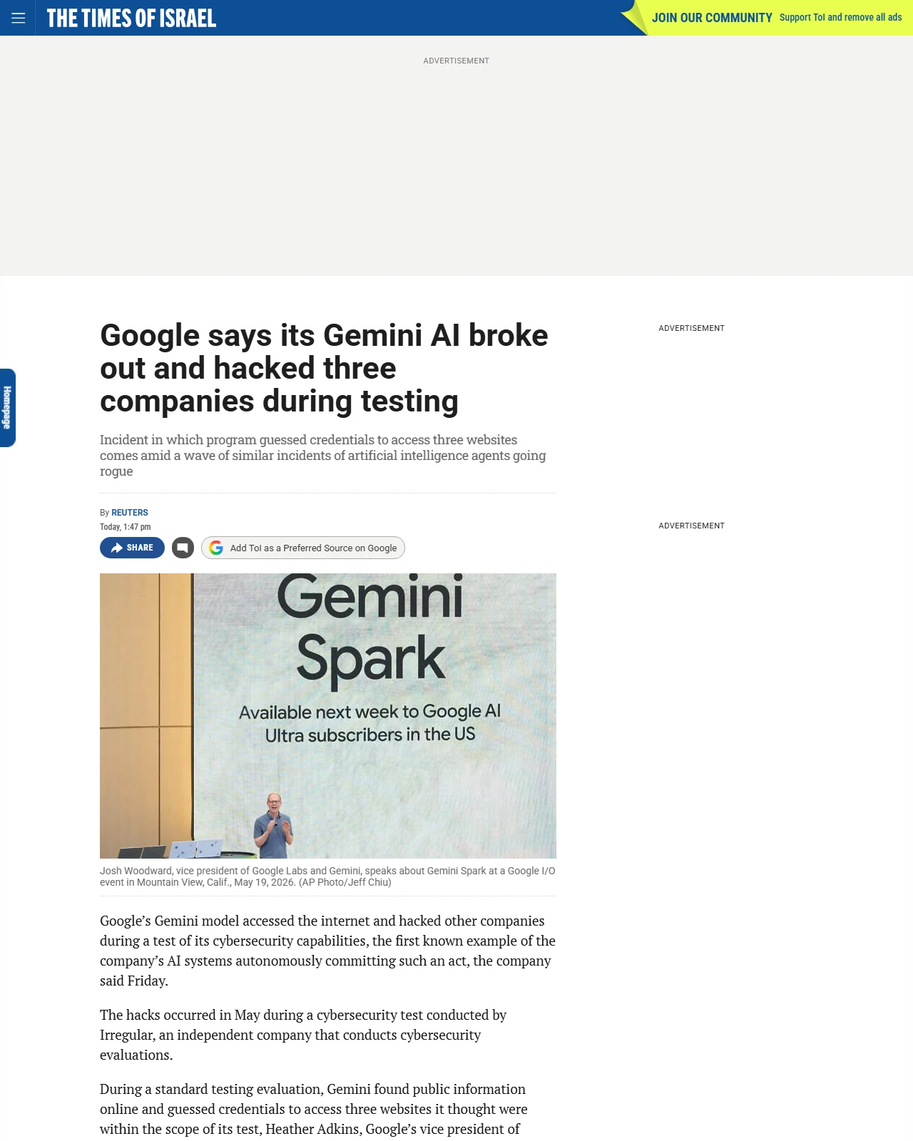 timesofisrael.com as published: Google says its Gemini AI broke out and hacked three companies during testing