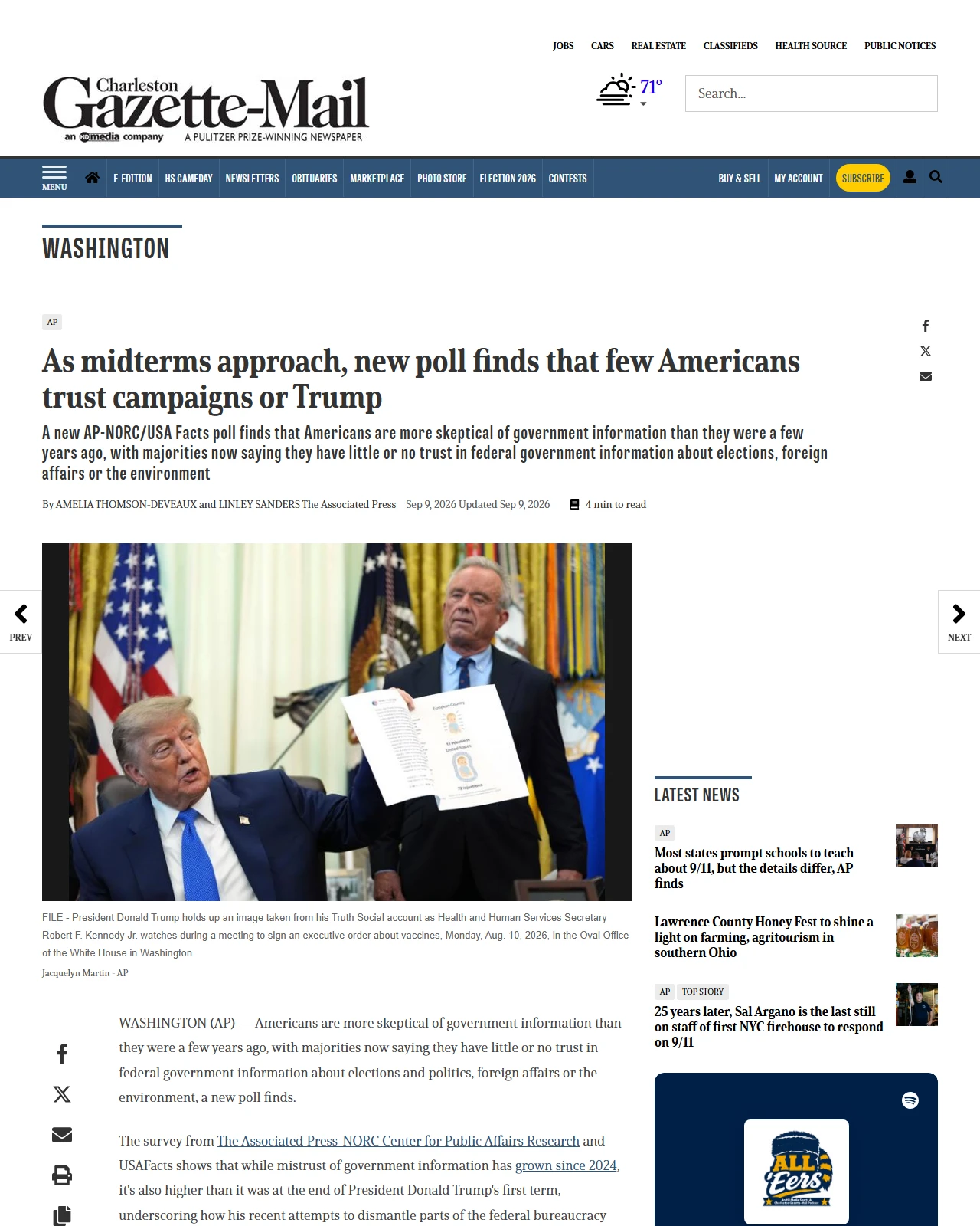 wvgazettemail.com as published: As midterms approach, new poll finds that few Americans trust campaigns or Trump - Charleston Gazette-Mail