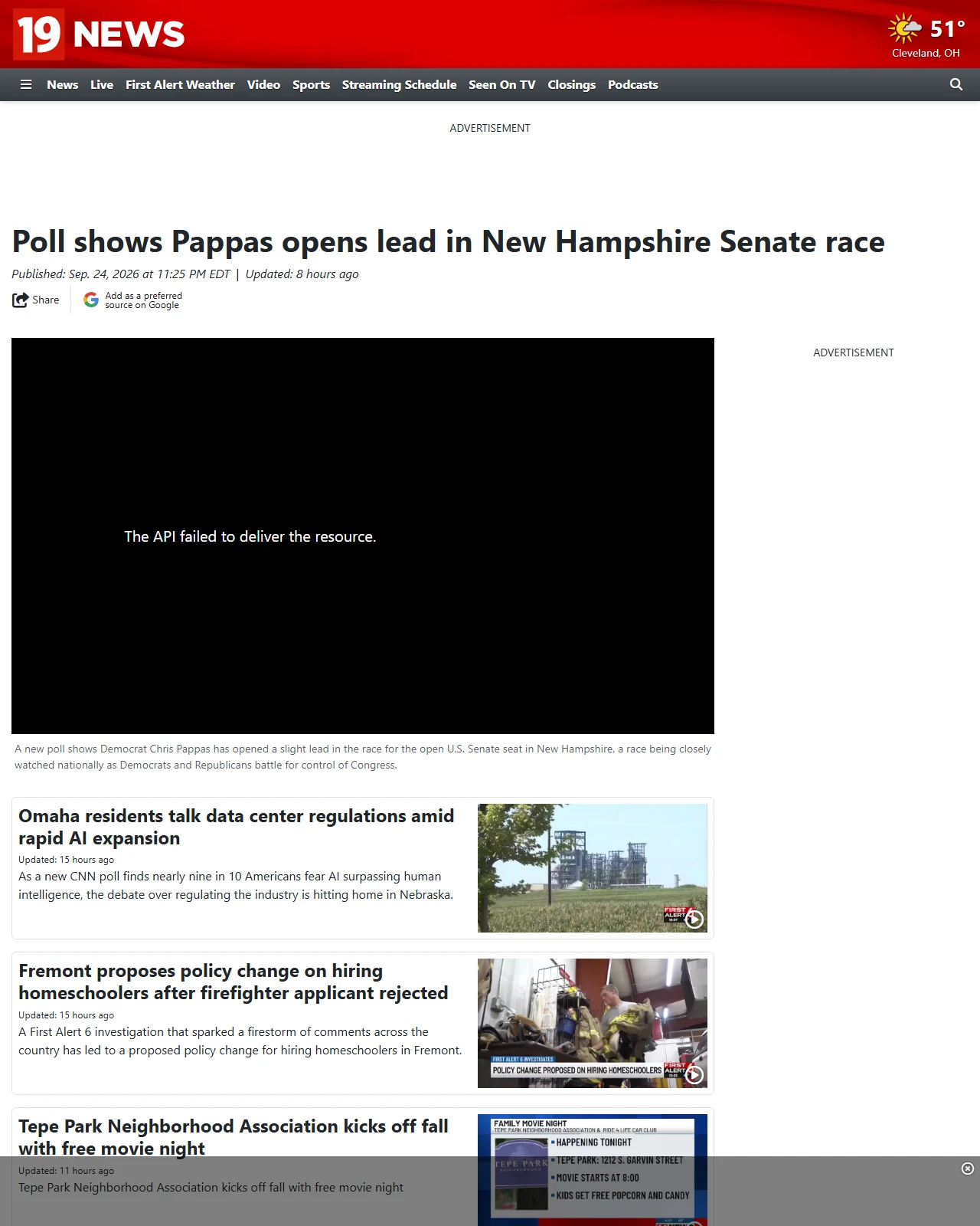 cleveland19.com as published: Poll shows Pappas opens lead in New Hampshire Senate race