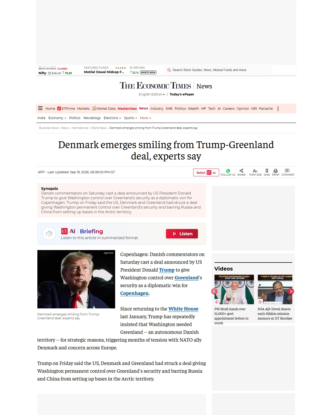 economictimes.com as published: Denmark emerges smiling from Trump-Greenland deal, experts say