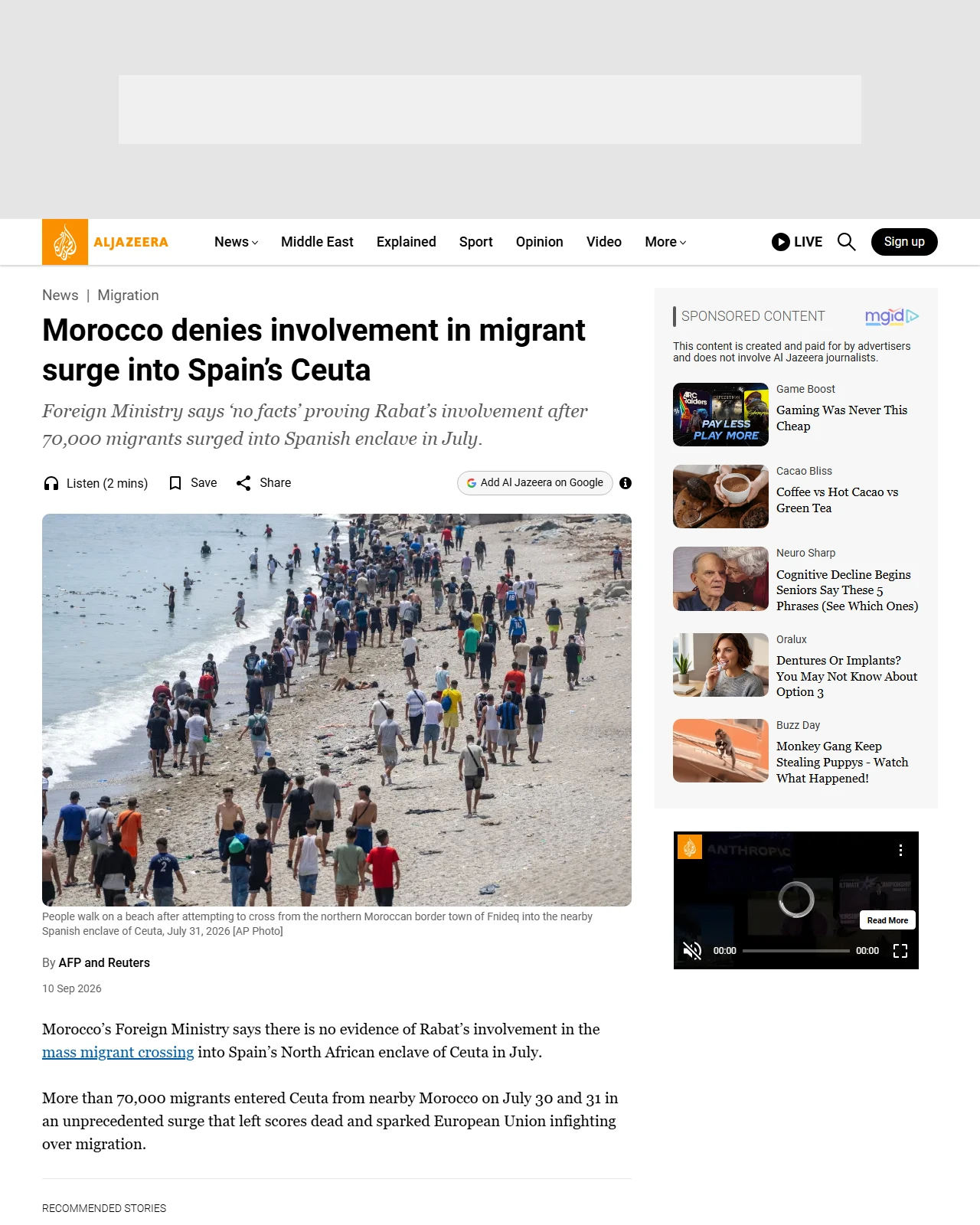 aljazeera.com as published: Morocco denies involvement in migrant surge into Spain’s Ceuta