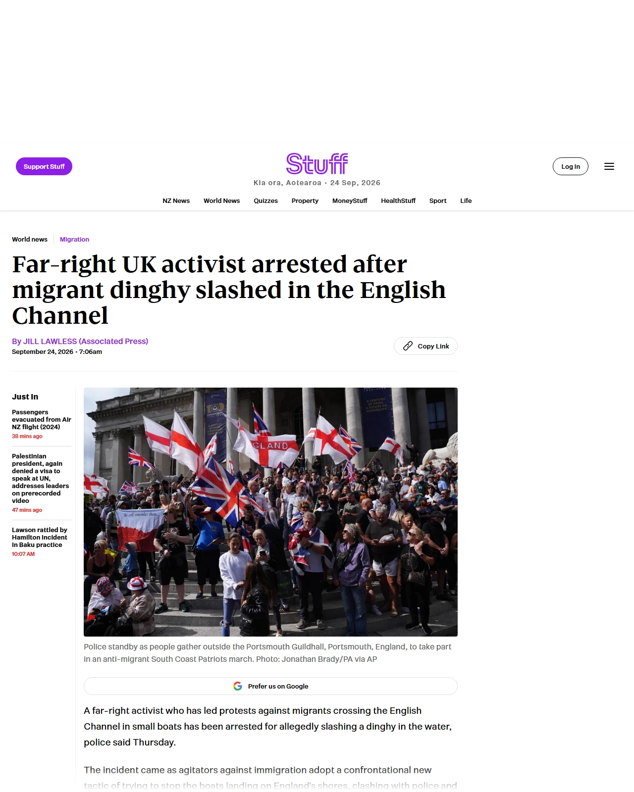 stuff.co.nz as published: Far-right UK activist arrested after migrant dinghy slashed in the English Channel