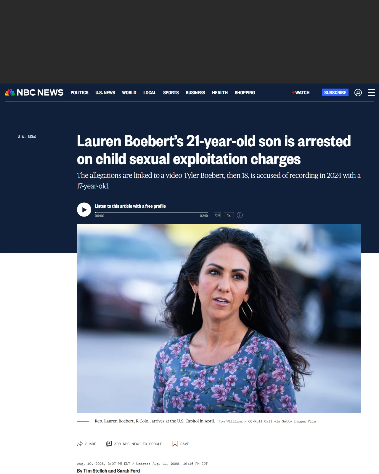nbcnews.com as published: Lauren Boebert’s 21-year-old son is arrested on child sexual exploitation charges