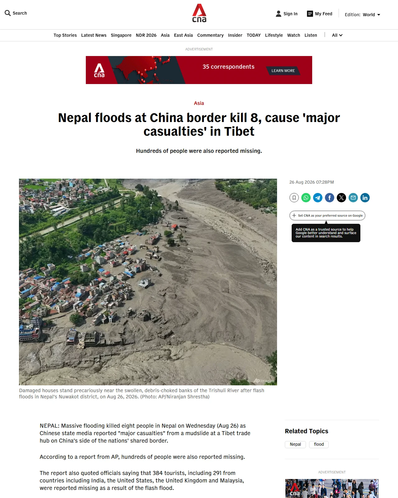 channelnewsasia.com as published: Nepal floods at China border kill 8, cause 'major casualties' in Tibet