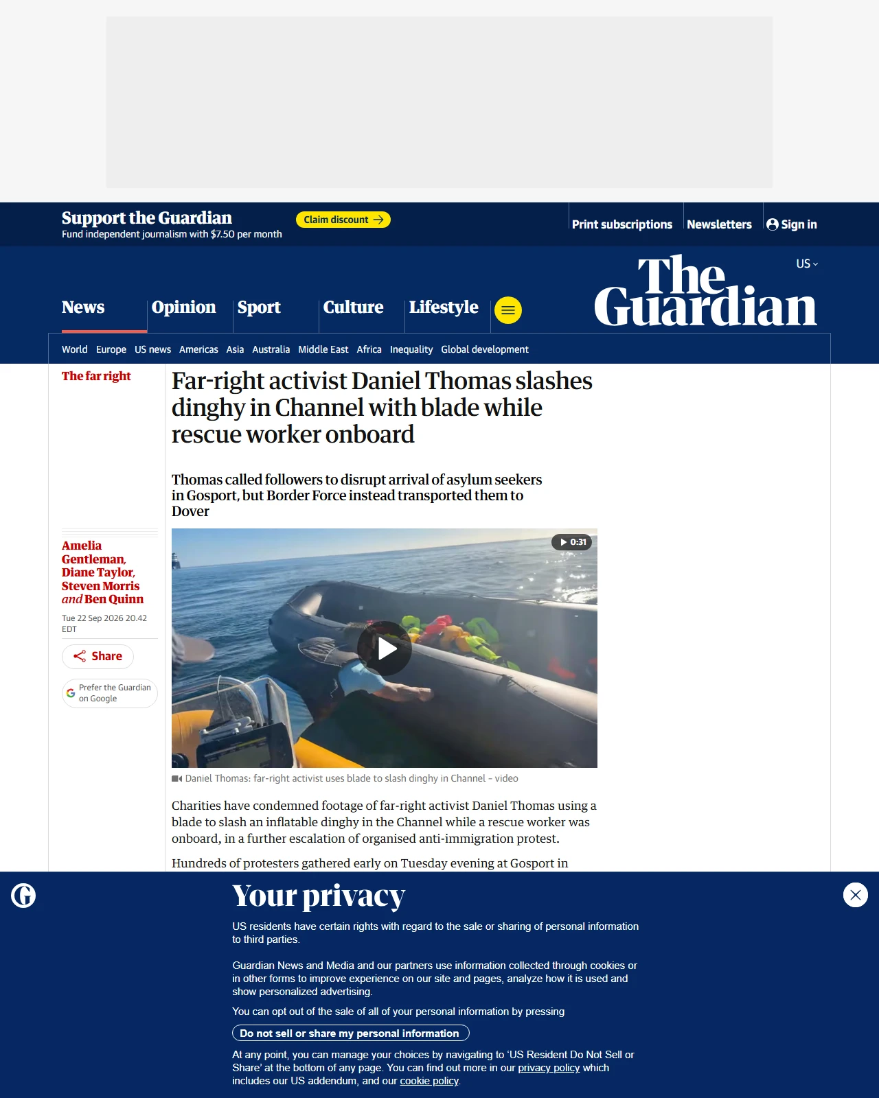 theguardian.com as published: Far-right activist Daniel Thomas slashes dinghy in Channel with blade while rescue worker onboard