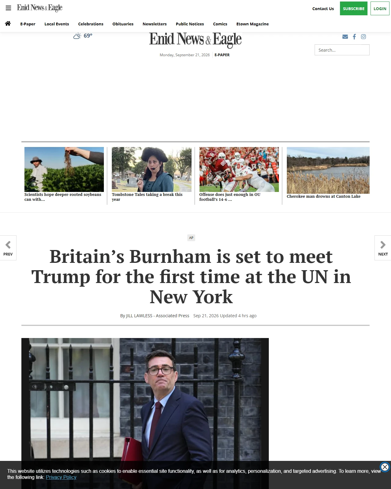 enidnews.com as published: Britain’s Burnham is set to meet Trump for the first time at the UN in New York | Associated Press | syndication news