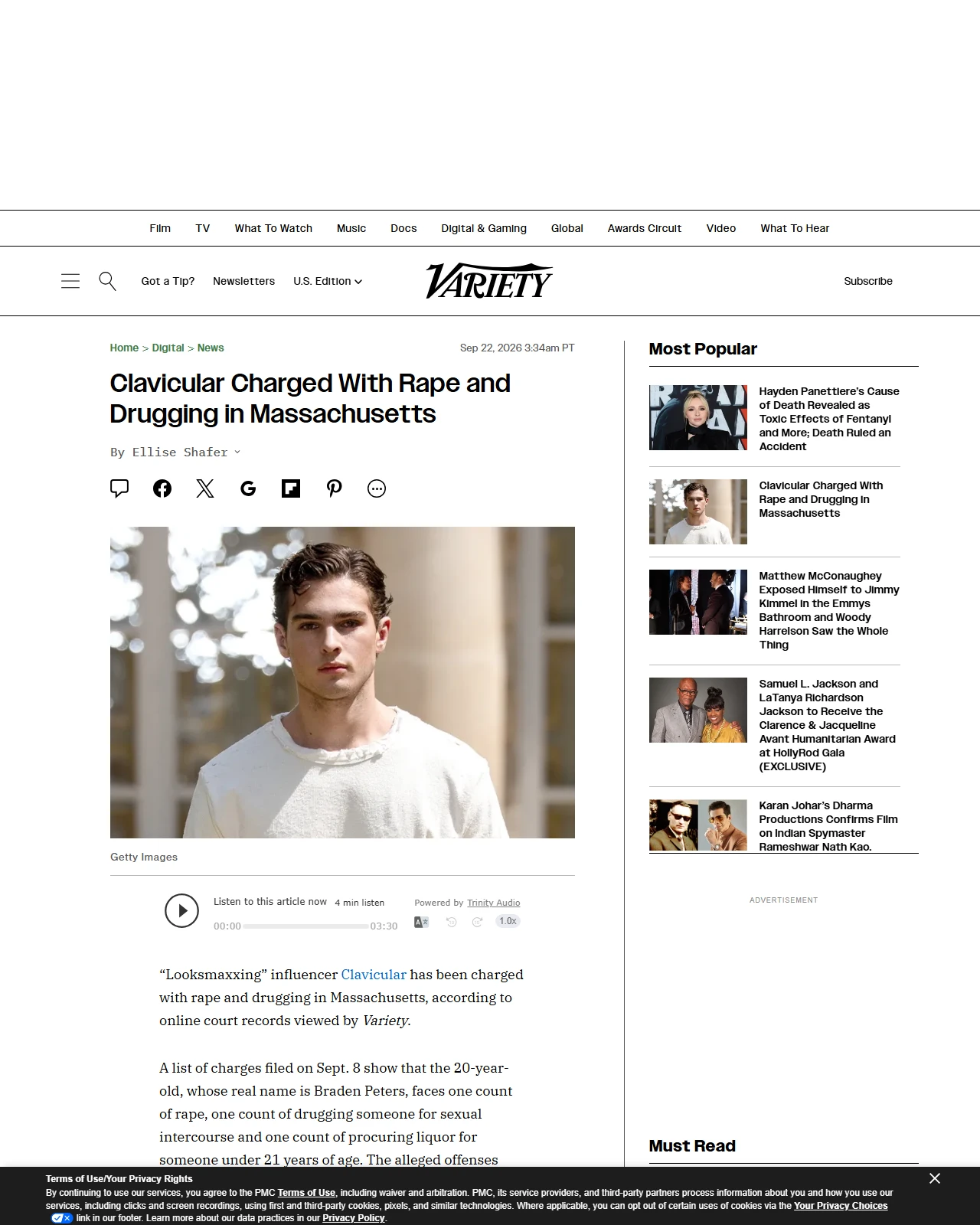 variety.com as published: Clavicular Charged With Rape and Drugging in Massachusetts