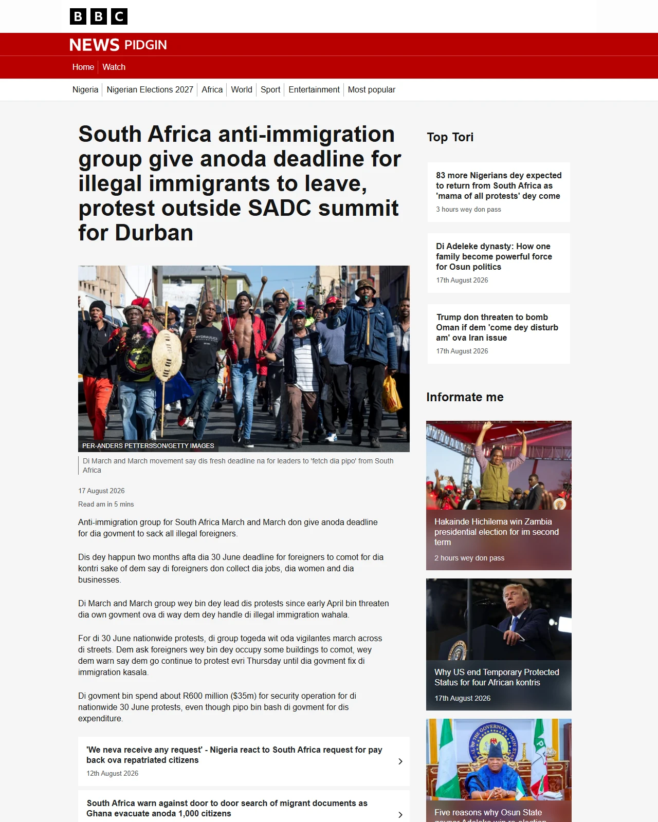 bbc.com as published: March and March deadline for illegal migrants to leave South Africa: Anti-immigration group give anoda deadline for illegal immigrants to leave, protest outside SADC summit for Durban