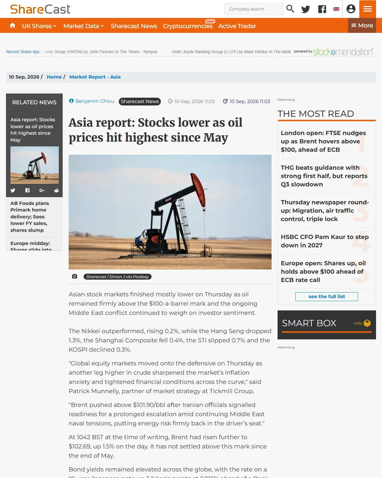 sharecast.com as published: Asia report: Stocks lower as oil prices hit highest since May