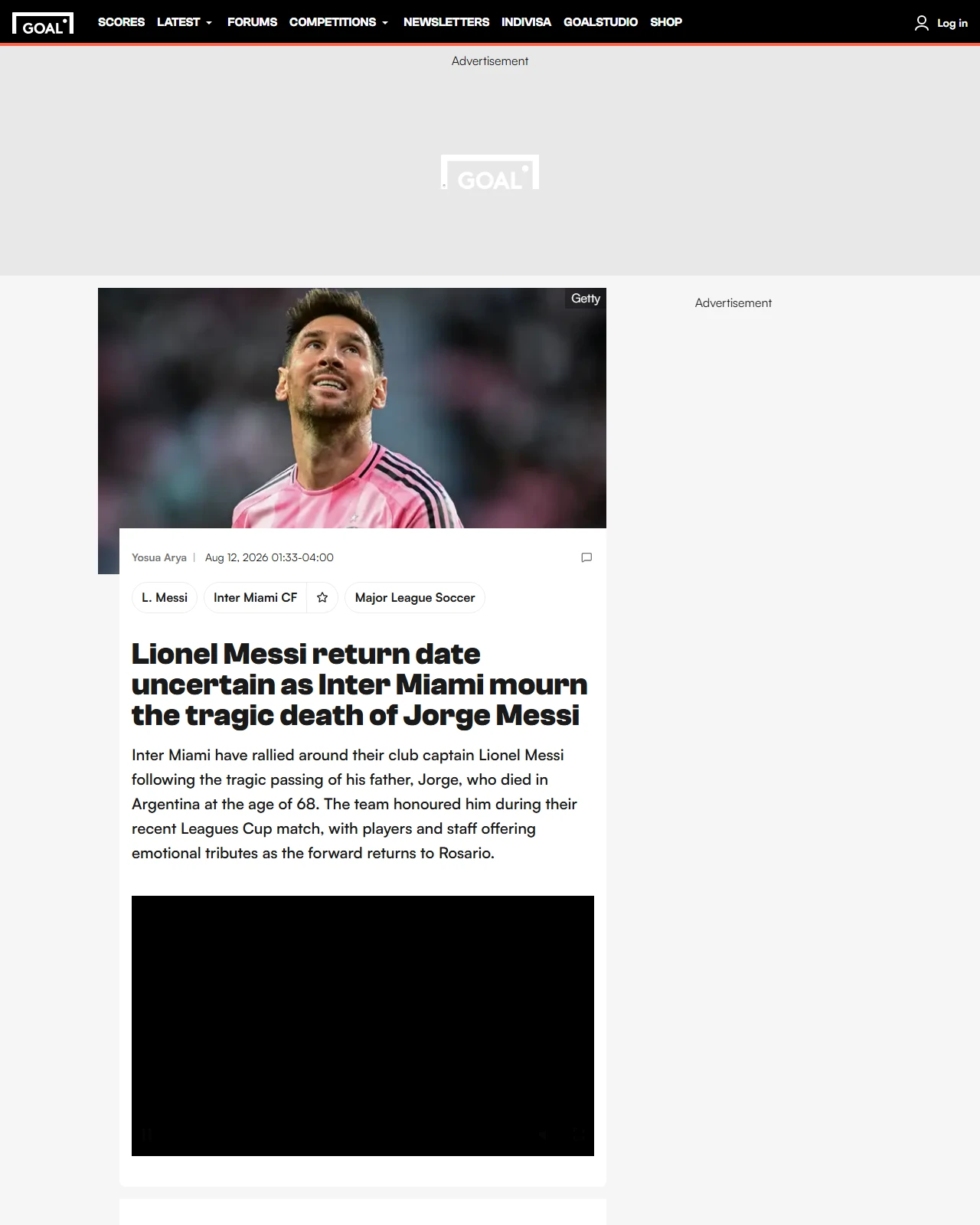 goal.com as published: Lionel Messi return date uncertain as Inter Miami mourn the tragic death of Jorge Messi