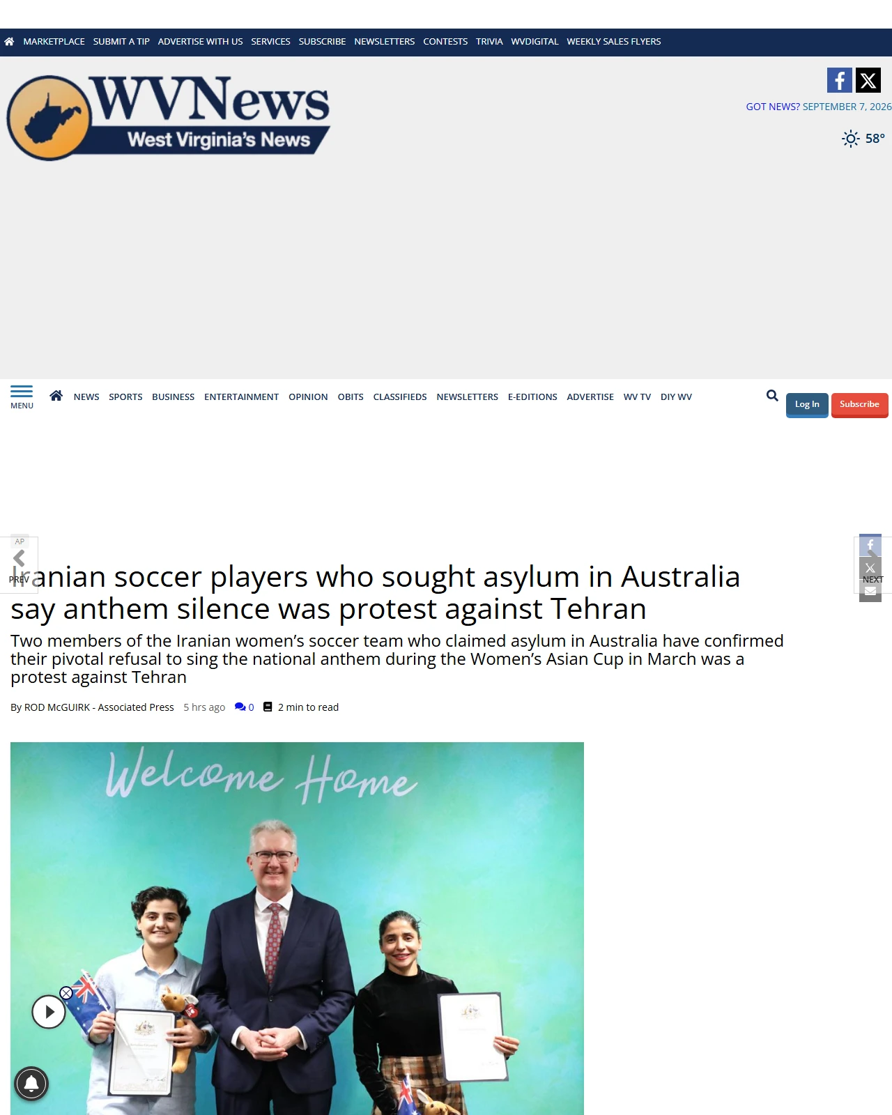 wvnews.com as published: Iranian soccer players who sought asylum in Australia say anthem silence was protest against Tehran