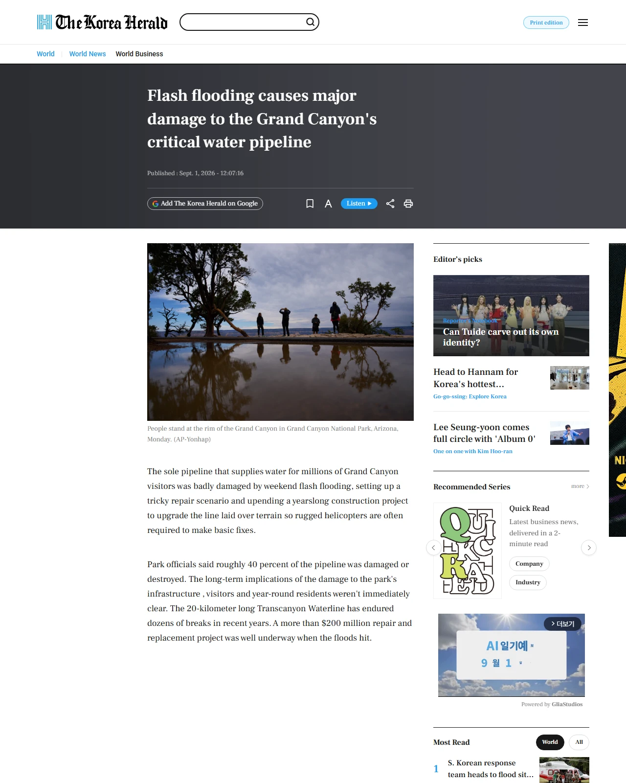 koreaherald.com as published: Flash flooding causes major damage to the Grand Canyon's critical water pipeline