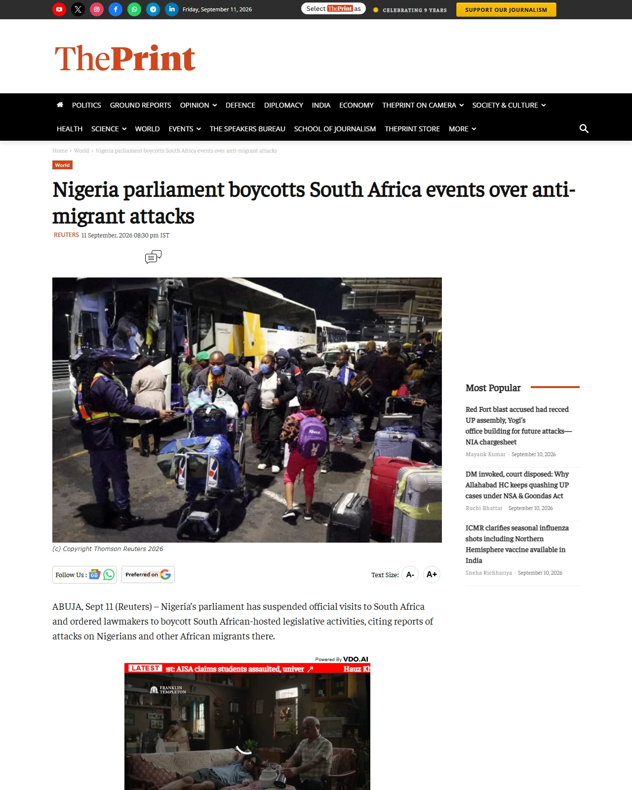 theprint.in as published: Nigeria parliament boycotts South Africa events over anti-migrant attacks