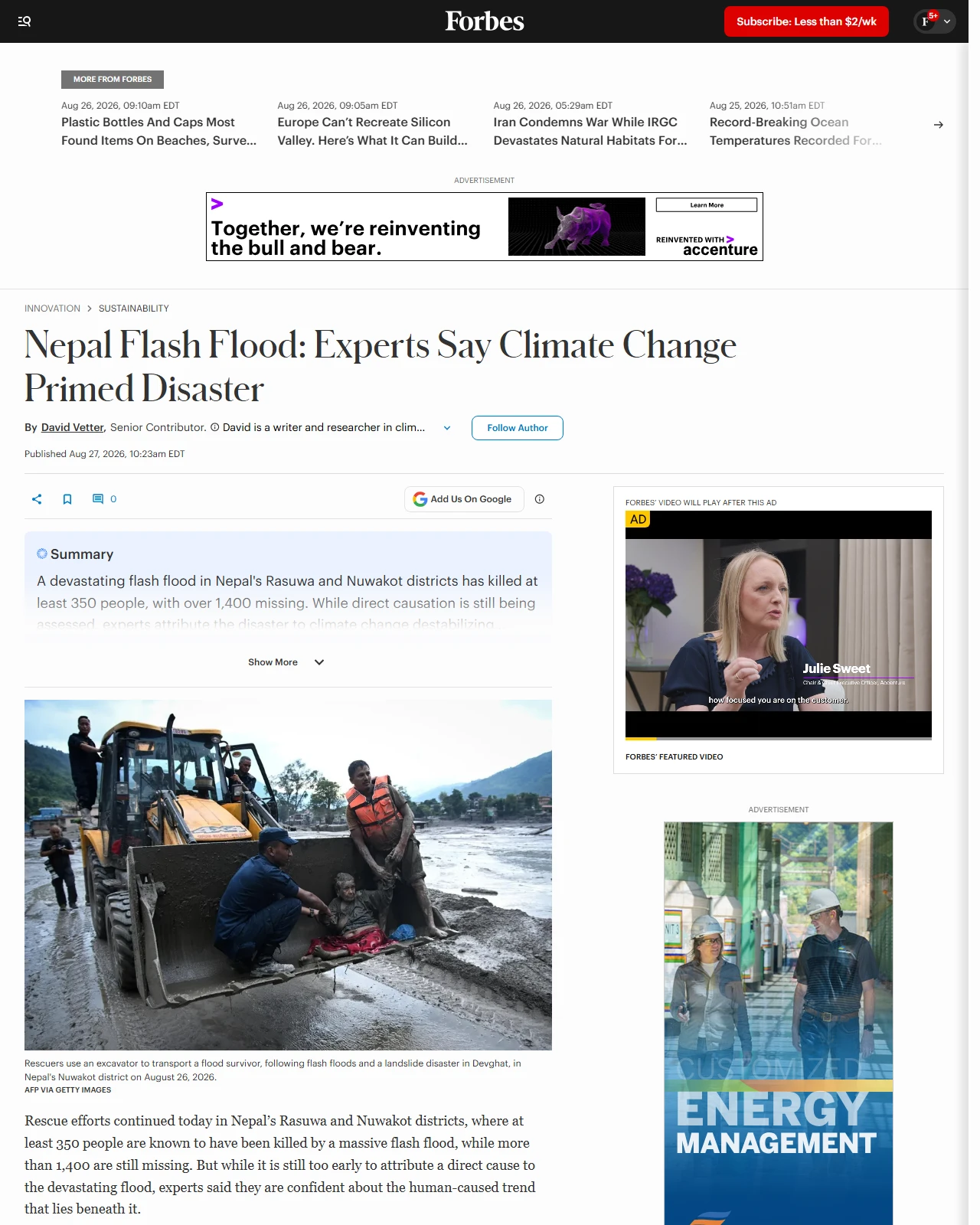 forbes.com as published: Nepal Flash Flood: Experts Say Climate Change Primed Disaster