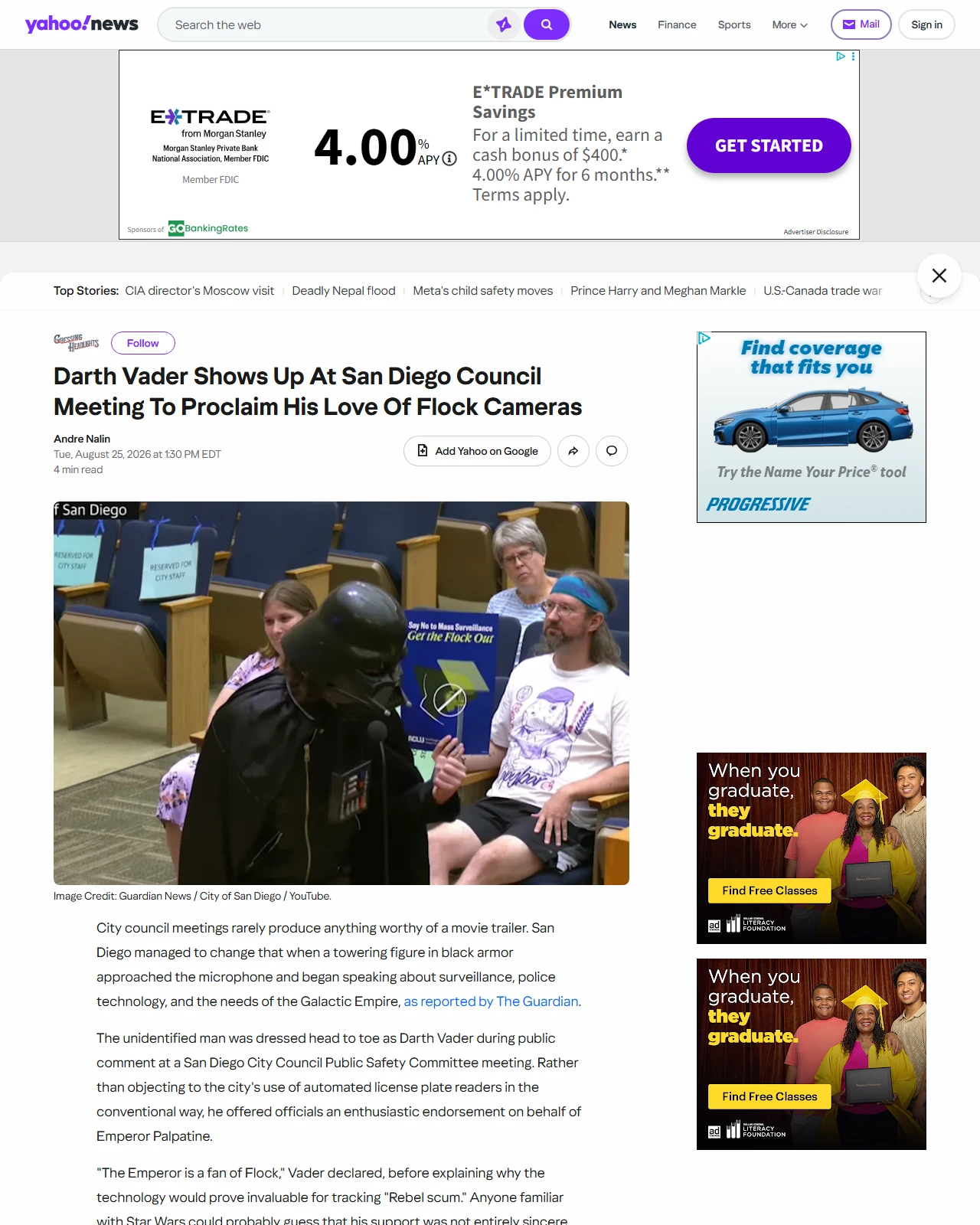 yahoo.com as published: Darth Vader Shows Up At San Diego Council Meeting To Proclaim His Love Of Flock Cameras