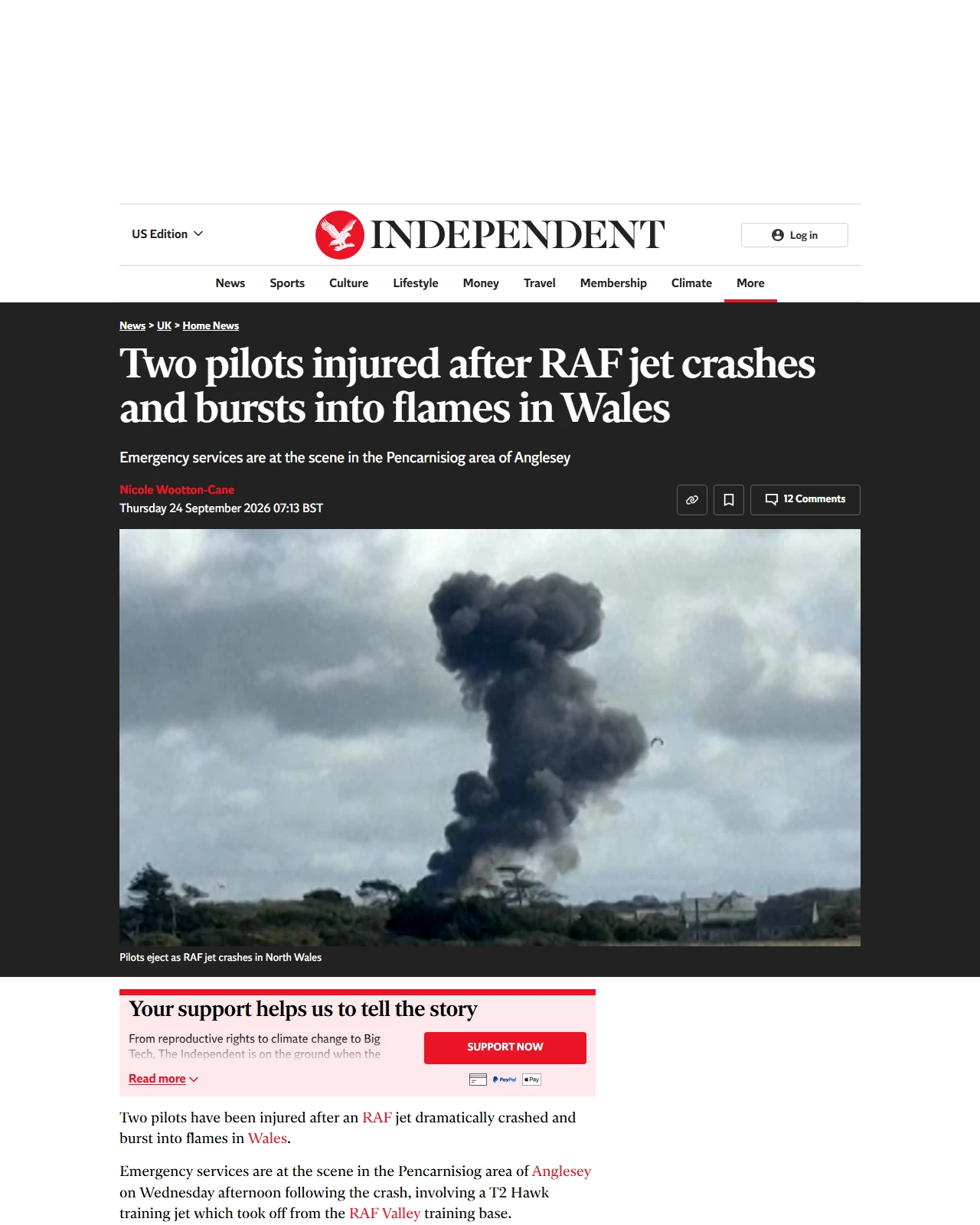 independent.co.uk as published: Two pilots injured after RAF jet crashes and bursts into flames in Wales