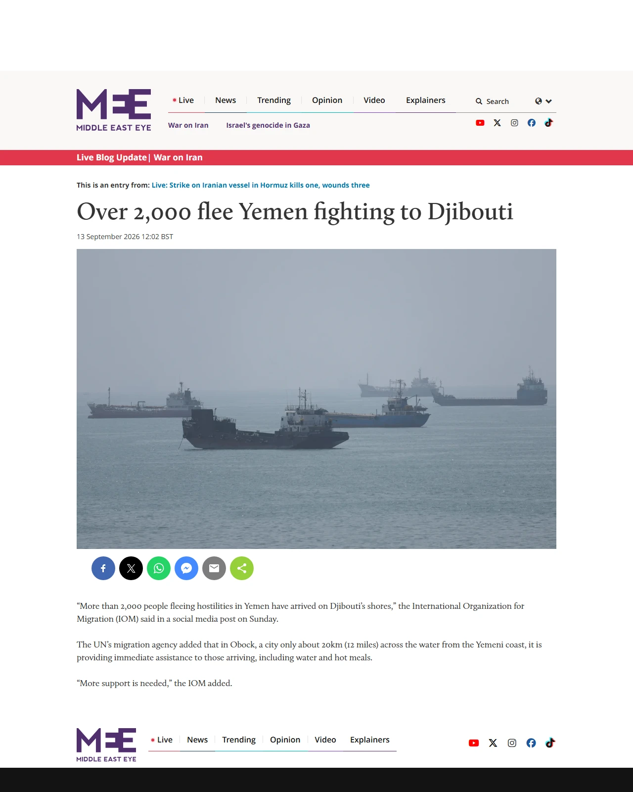 middleeasteye.net as published: Over 2,000 flee Yemen fighting to Djibouti