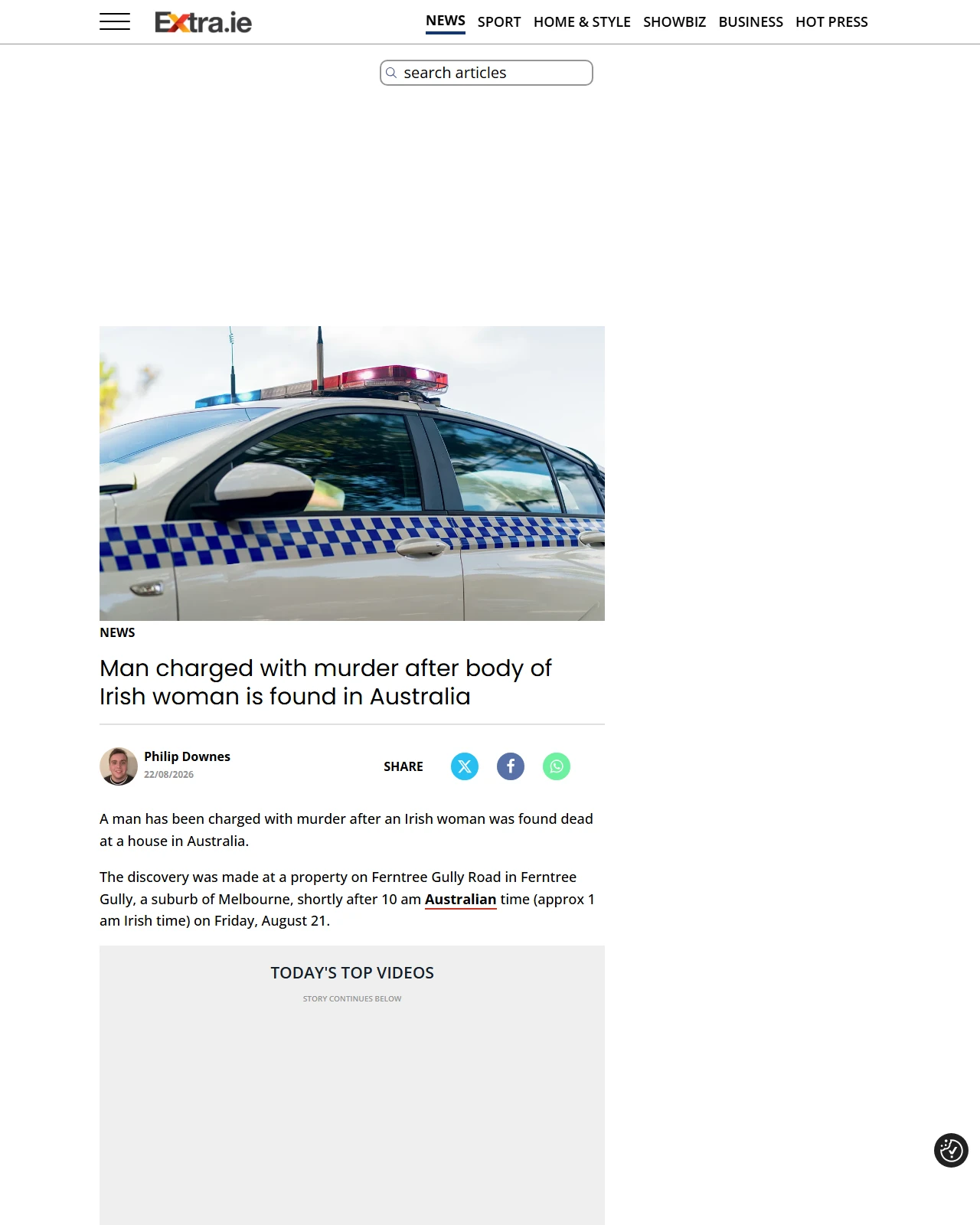 extra.ie as published: Irish woman found dead in Australia as Irish man arrested on suspicion of murder